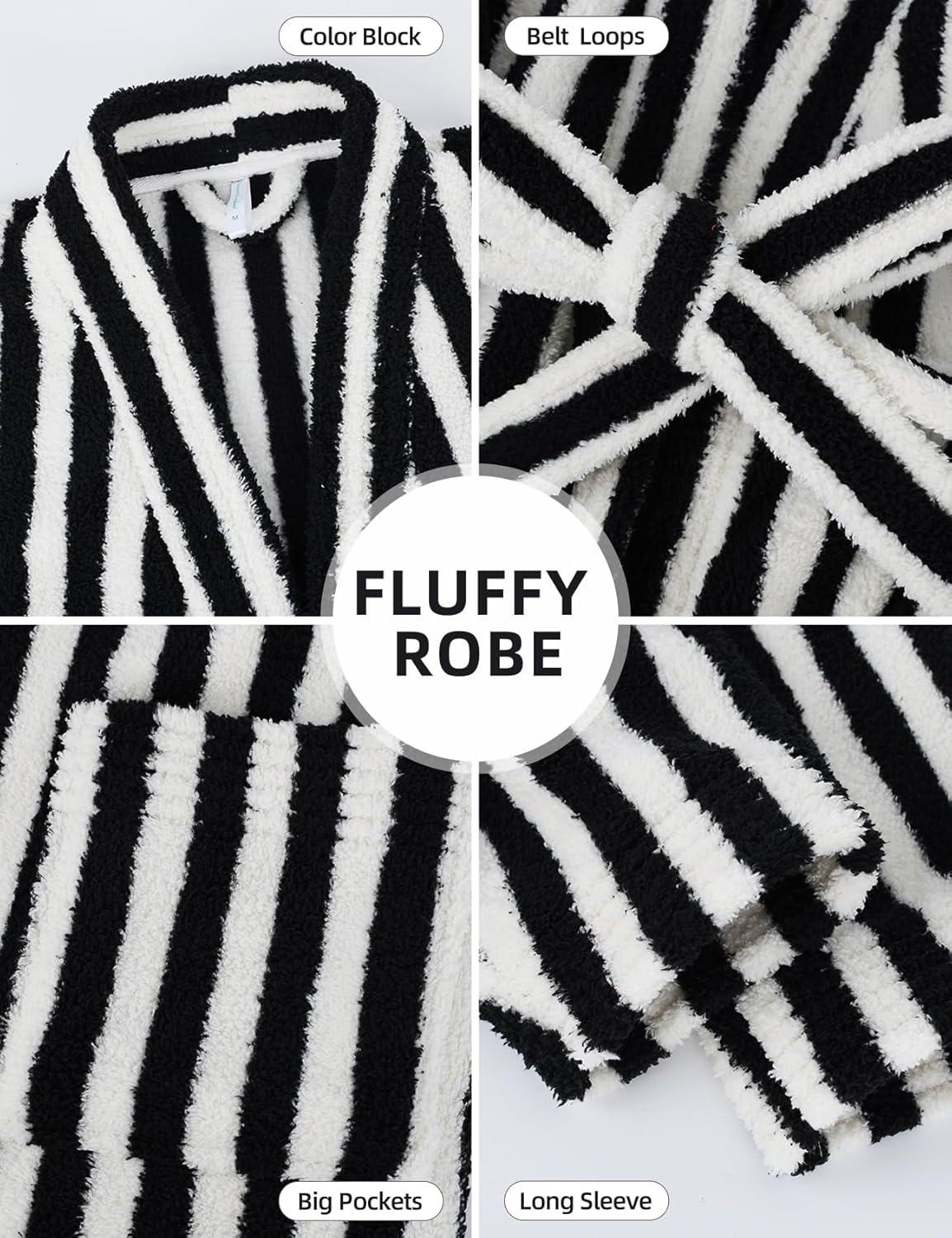 image:imageArssm Womens Striped Fluffy Robe Long Plush Bathrobes Fuzzy Warm Cozy Thick Loungewear Maxi RobeBlack