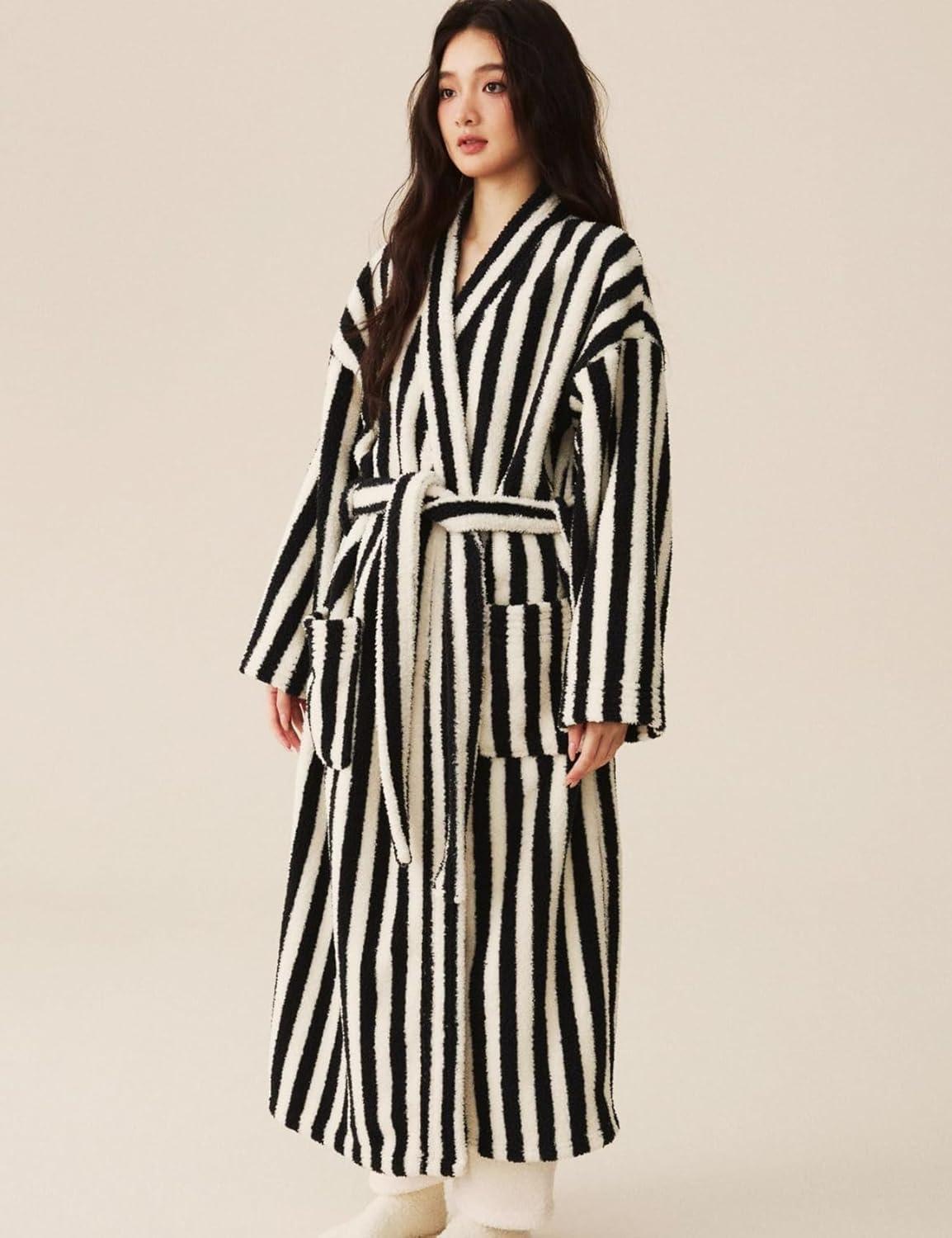image:imageArssm Womens Striped Fluffy Robe Long Plush Bathrobes Fuzzy Warm Cozy Thick Loungewear Maxi RobeBlack