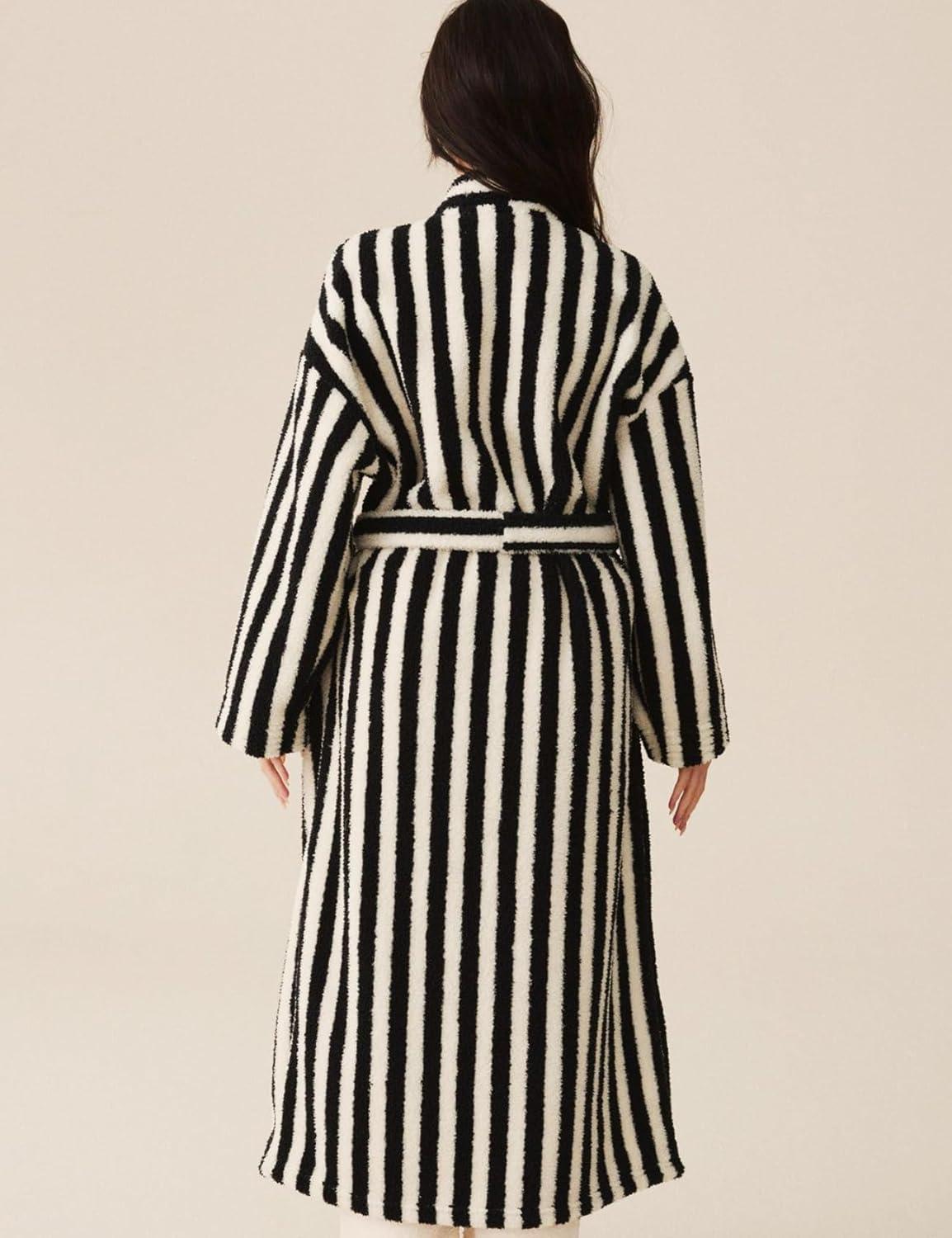 image:imageArssm Womens Striped Fluffy Robe Long Plush Bathrobes Fuzzy Warm Cozy Thick Loungewear Maxi RobeBlack