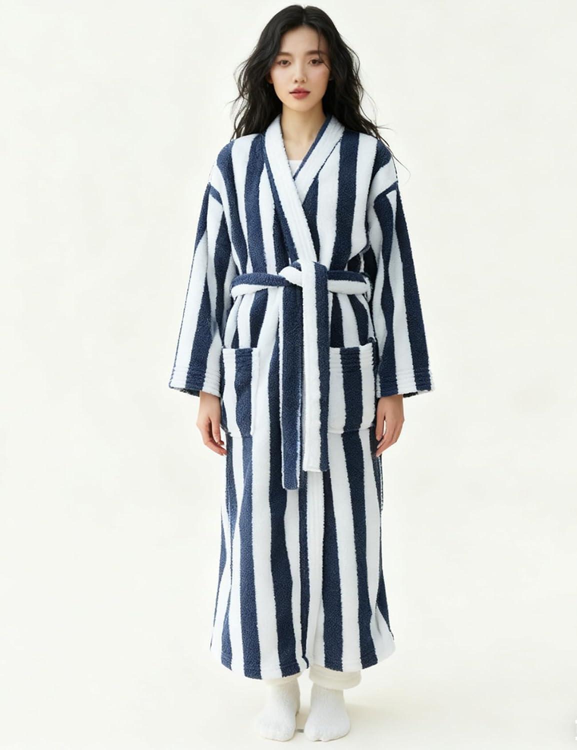 image:imageArssm Womens Striped Fluffy Robe Long Plush Bathrobes Fuzzy Warm Cozy Thick Loungewear Maxi RobeBlue