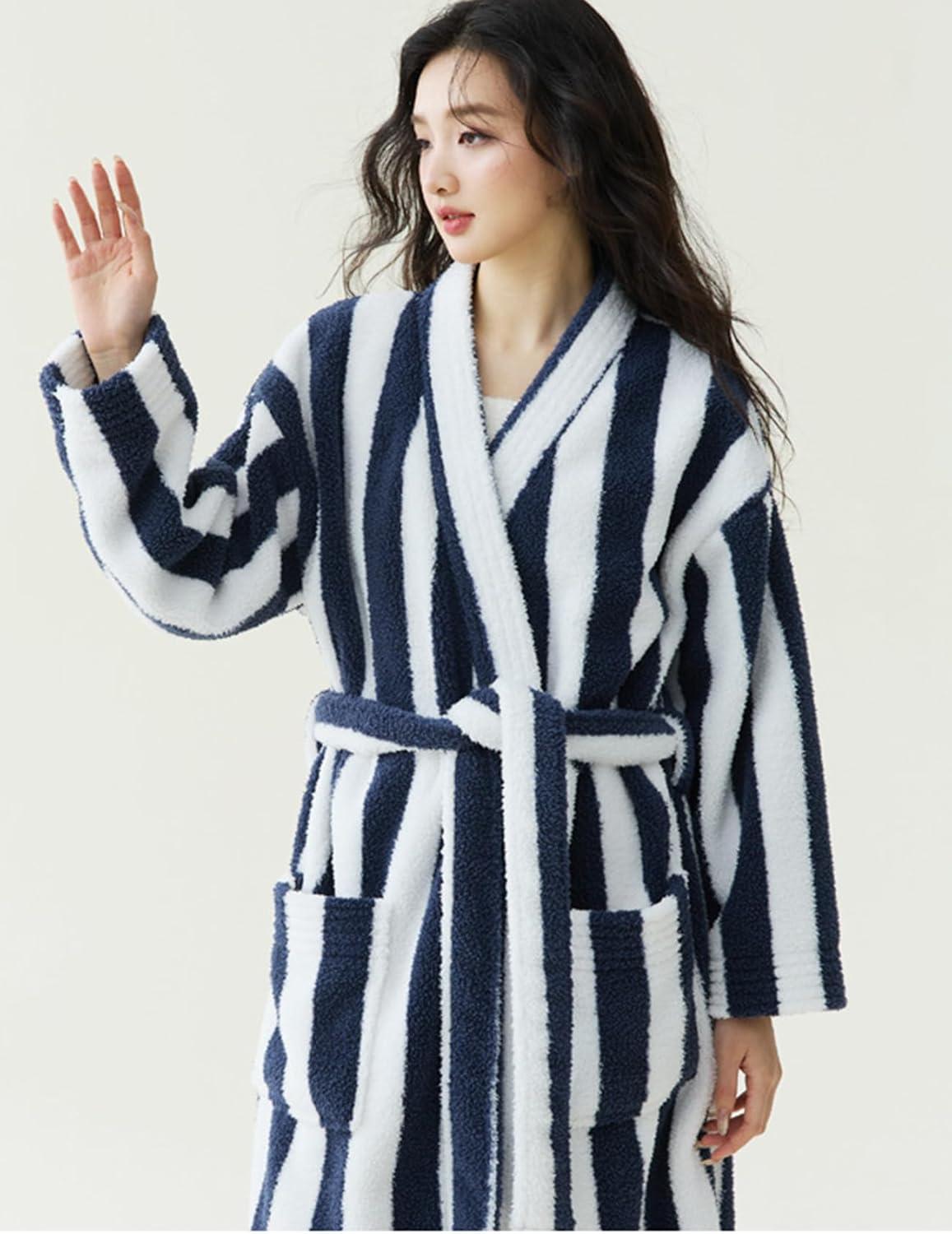 image:imageArssm Womens Striped Fluffy Robe Long Plush Bathrobes Fuzzy Warm Cozy Thick Loungewear Maxi RobeBlue