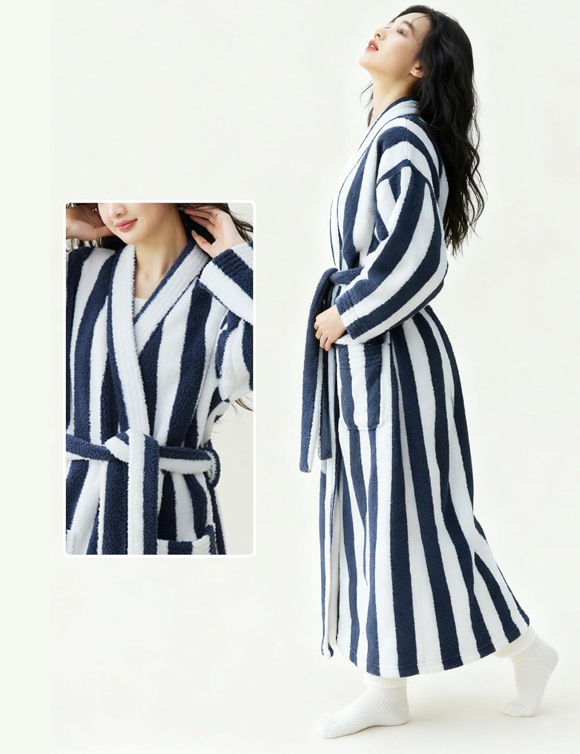 image:imageArssm Womens Striped Fluffy Robe Long Plush Bathrobes Fuzzy Warm Cozy Thick Loungewear Maxi RobeBlue
