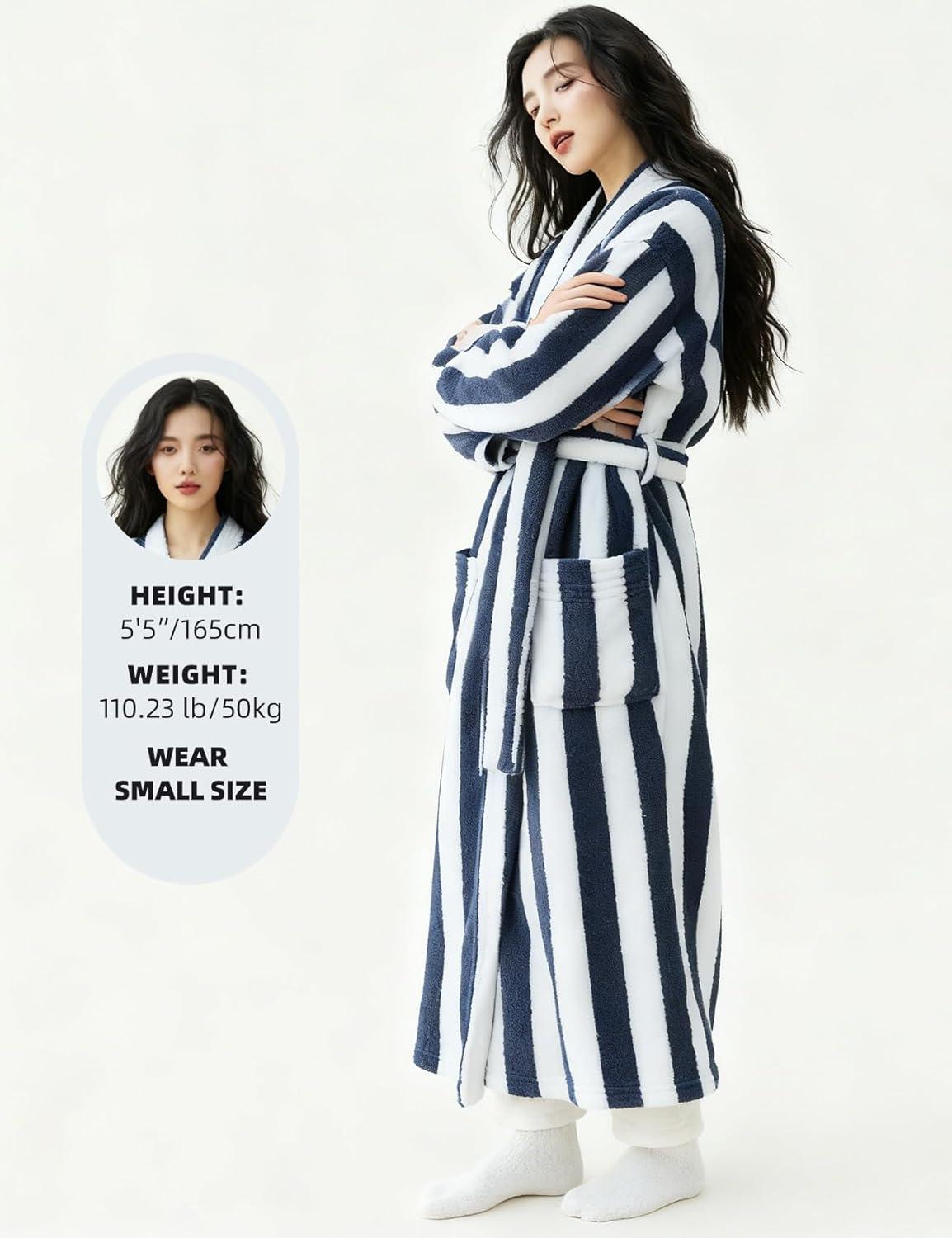 image:imageArssm Womens Striped Fluffy Robe Long Plush Bathrobes Fuzzy Warm Cozy Thick Loungewear Maxi RobeBlue