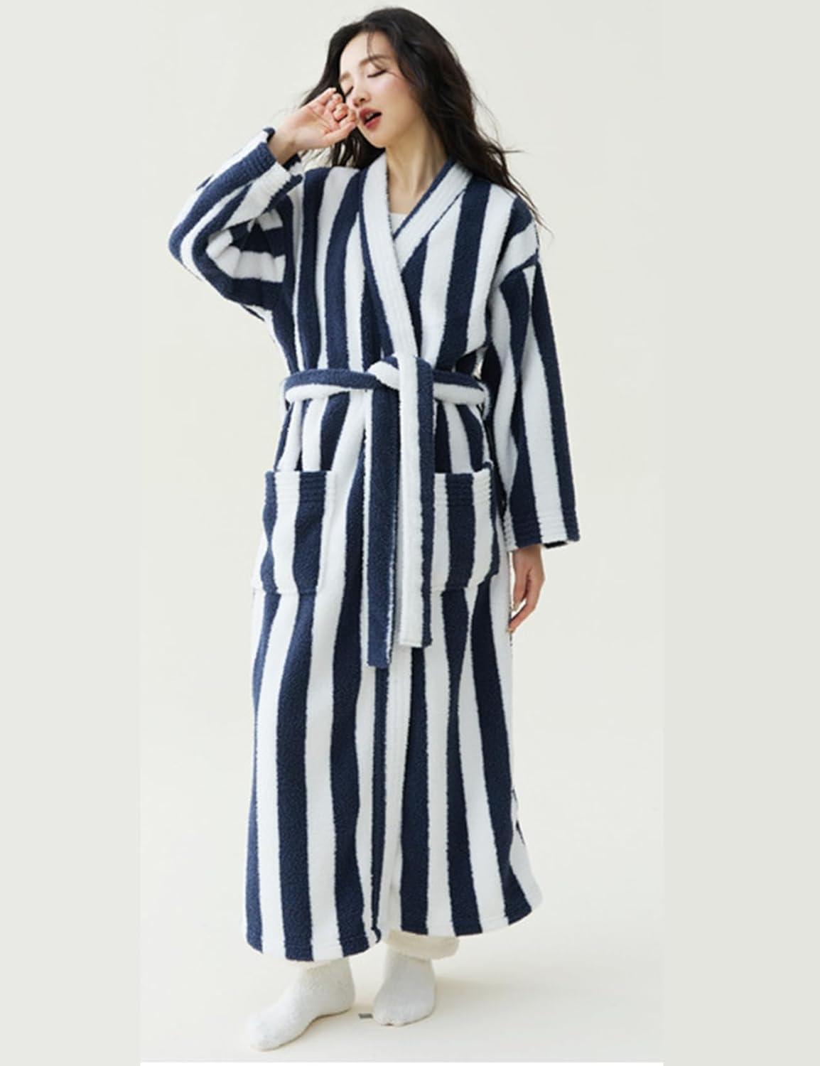 image:imageArssm Womens Striped Fluffy Robe Long Plush Bathrobes Fuzzy Warm Cozy Thick Loungewear Maxi RobeBlue