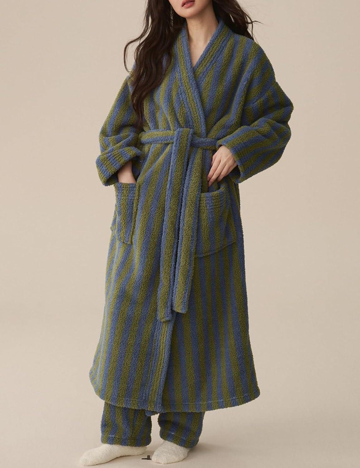 image:imageArssm Womens Striped Fluffy Robe Long Plush Bathrobes Fuzzy Warm Cozy Thick Loungewear Maxi RobeGreen