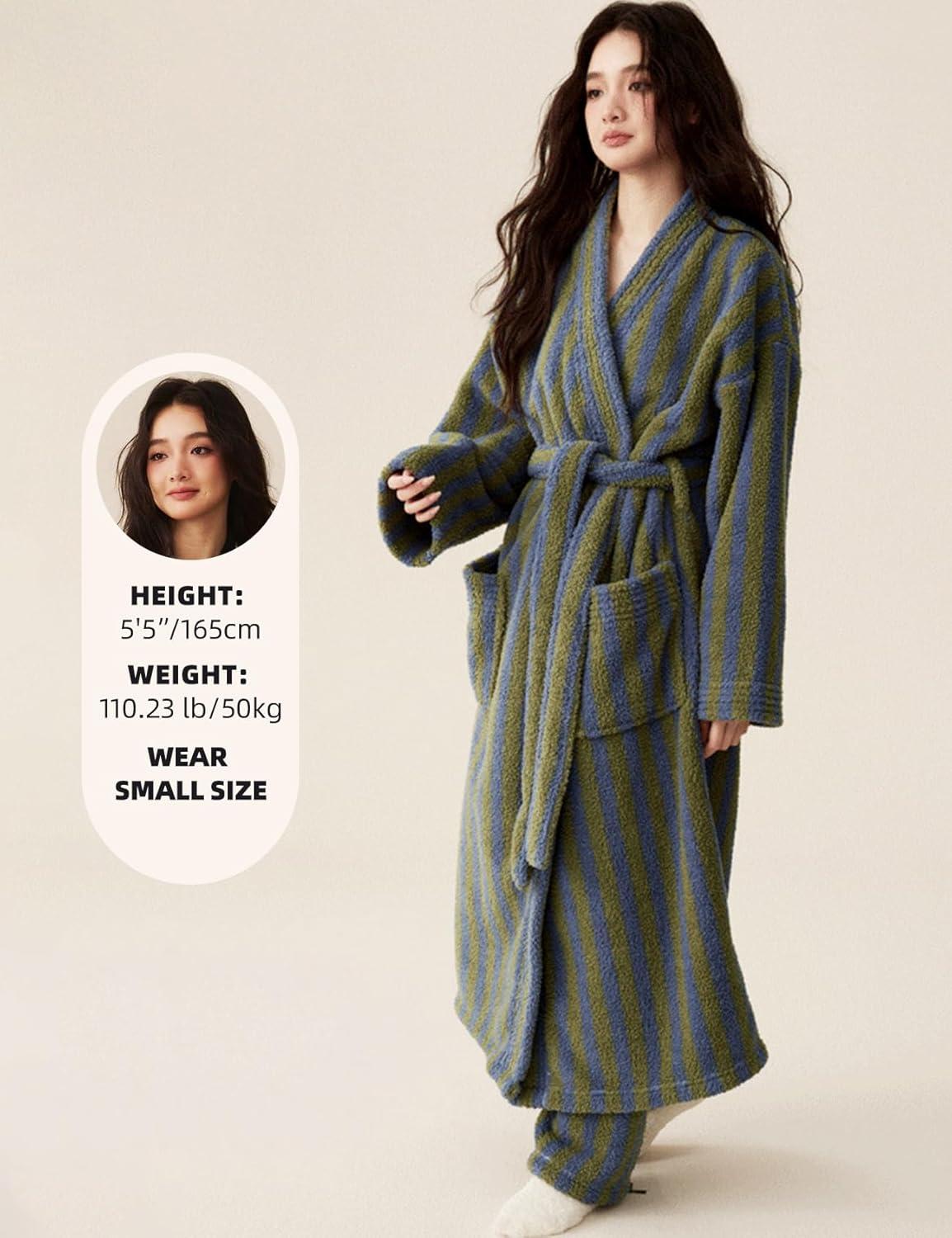 image:imageArssm Womens Striped Fluffy Robe Long Plush Bathrobes Fuzzy Warm Cozy Thick Loungewear Maxi RobeGreen
