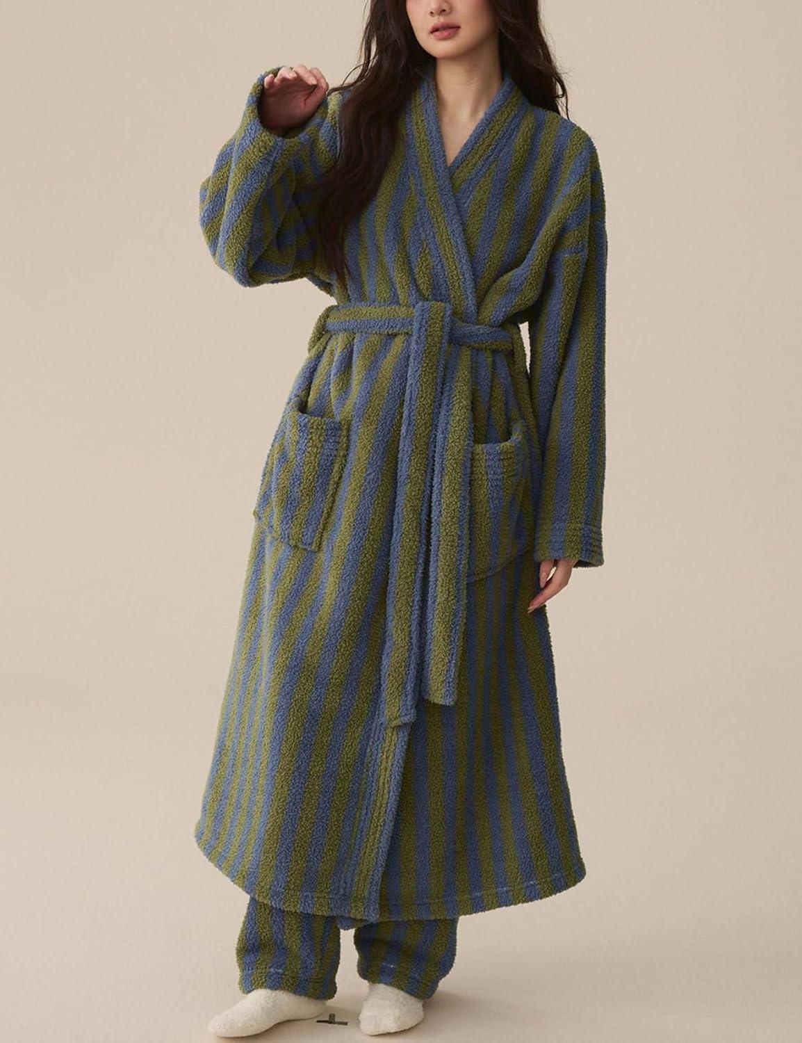 image:imageArssm Womens Striped Fluffy Robe Long Plush Bathrobes Fuzzy Warm Cozy Thick Loungewear Maxi RobeGreen