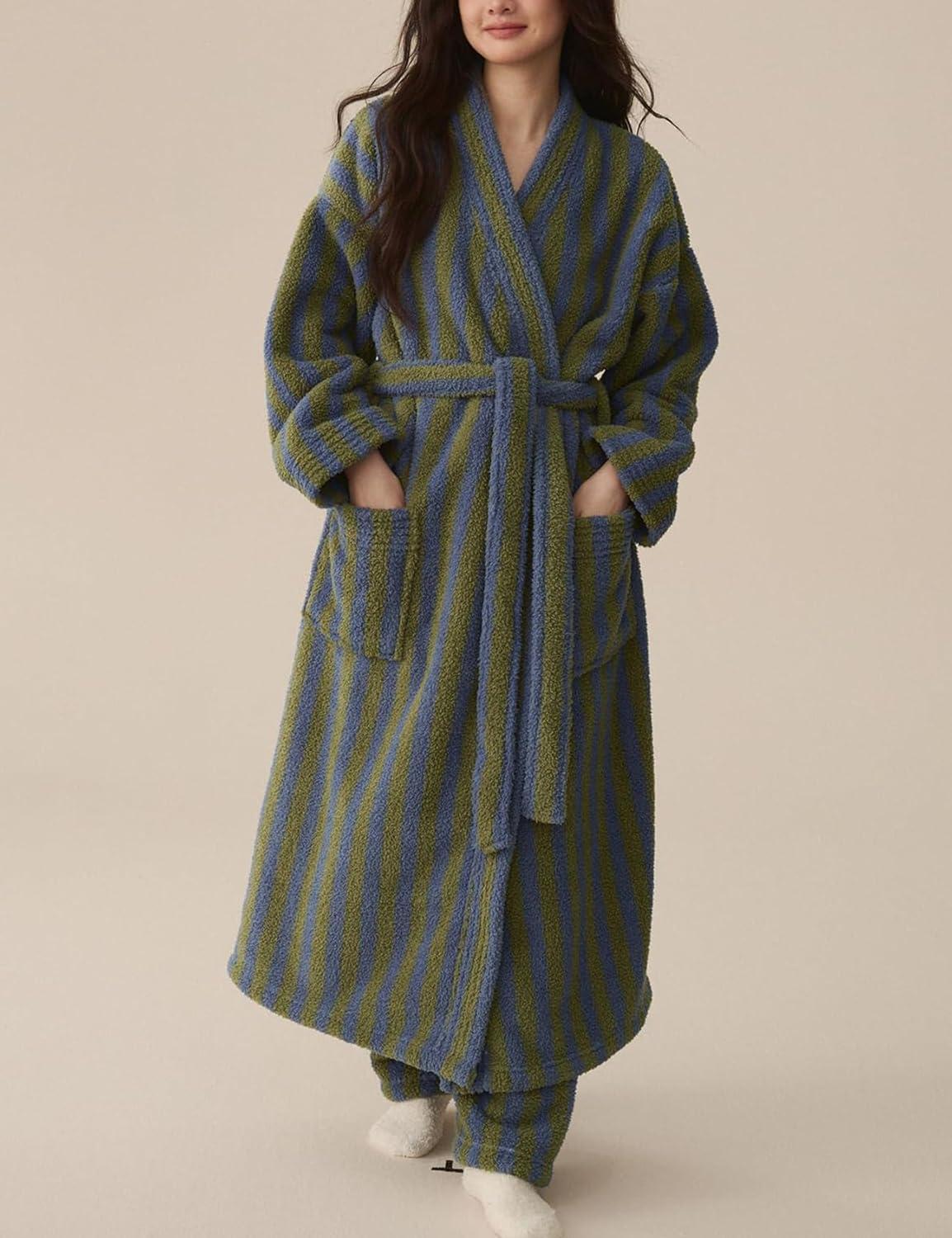 image:imageArssm Womens Striped Fluffy Robe Long Plush Bathrobes Fuzzy Warm Cozy Thick Loungewear Maxi RobeGreen