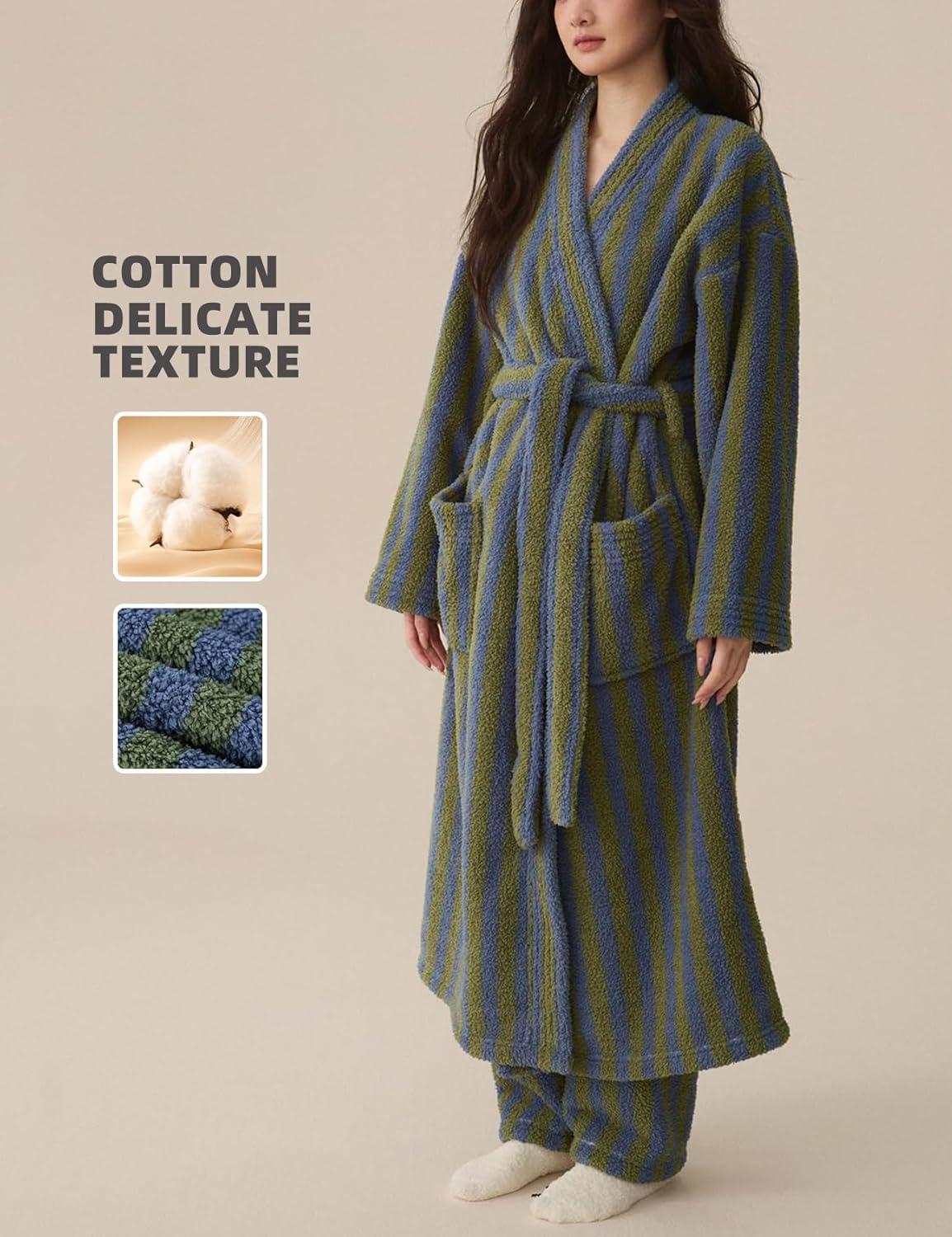 image:imageArssm Womens Striped Fluffy Robe Long Plush Bathrobes Fuzzy Warm Cozy Thick Loungewear Maxi RobeGreen