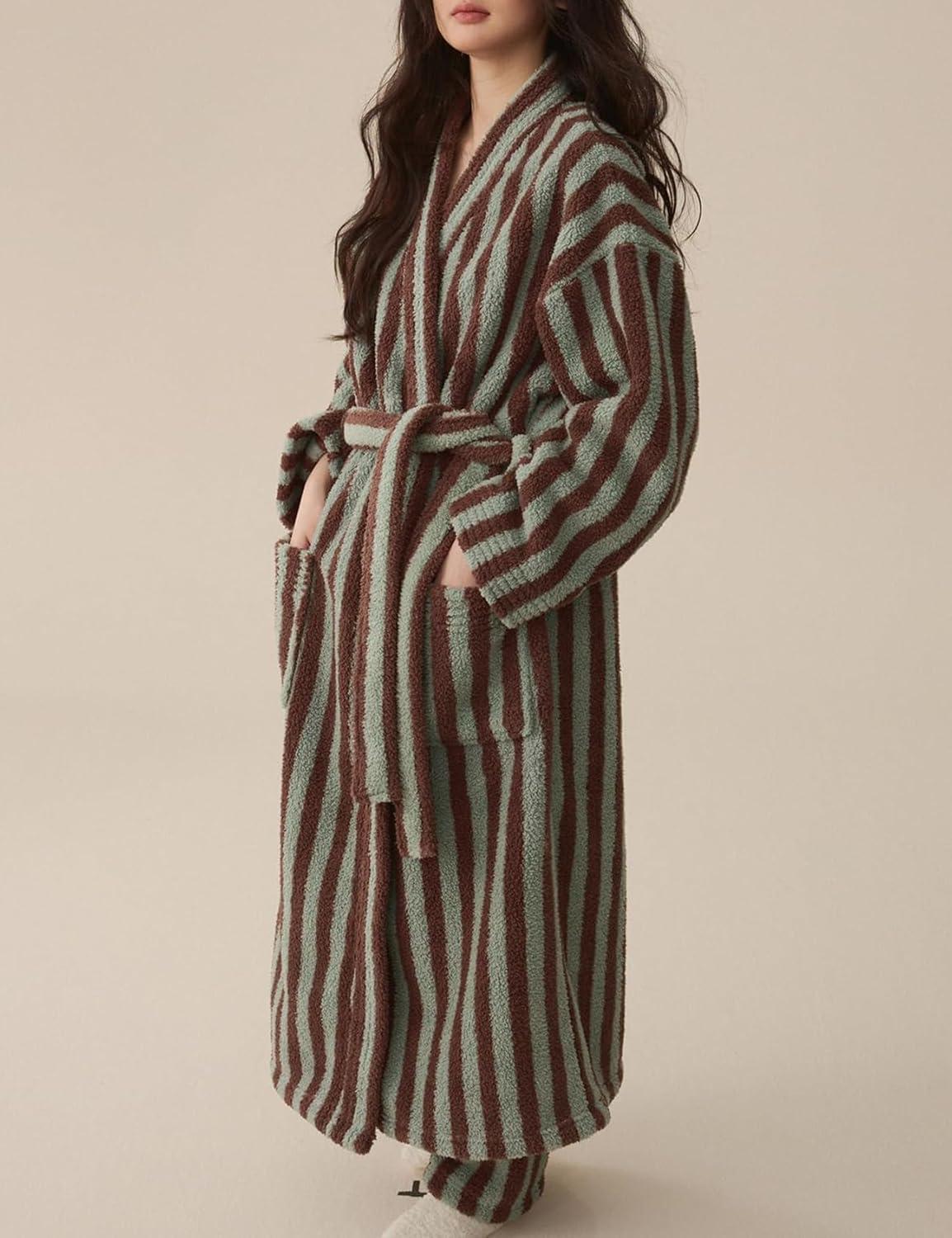 image:imageArssm Womens Striped Fluffy Robe Long Plush Bathrobes Fuzzy Warm Cozy Thick Loungewear Maxi RobeKhaki