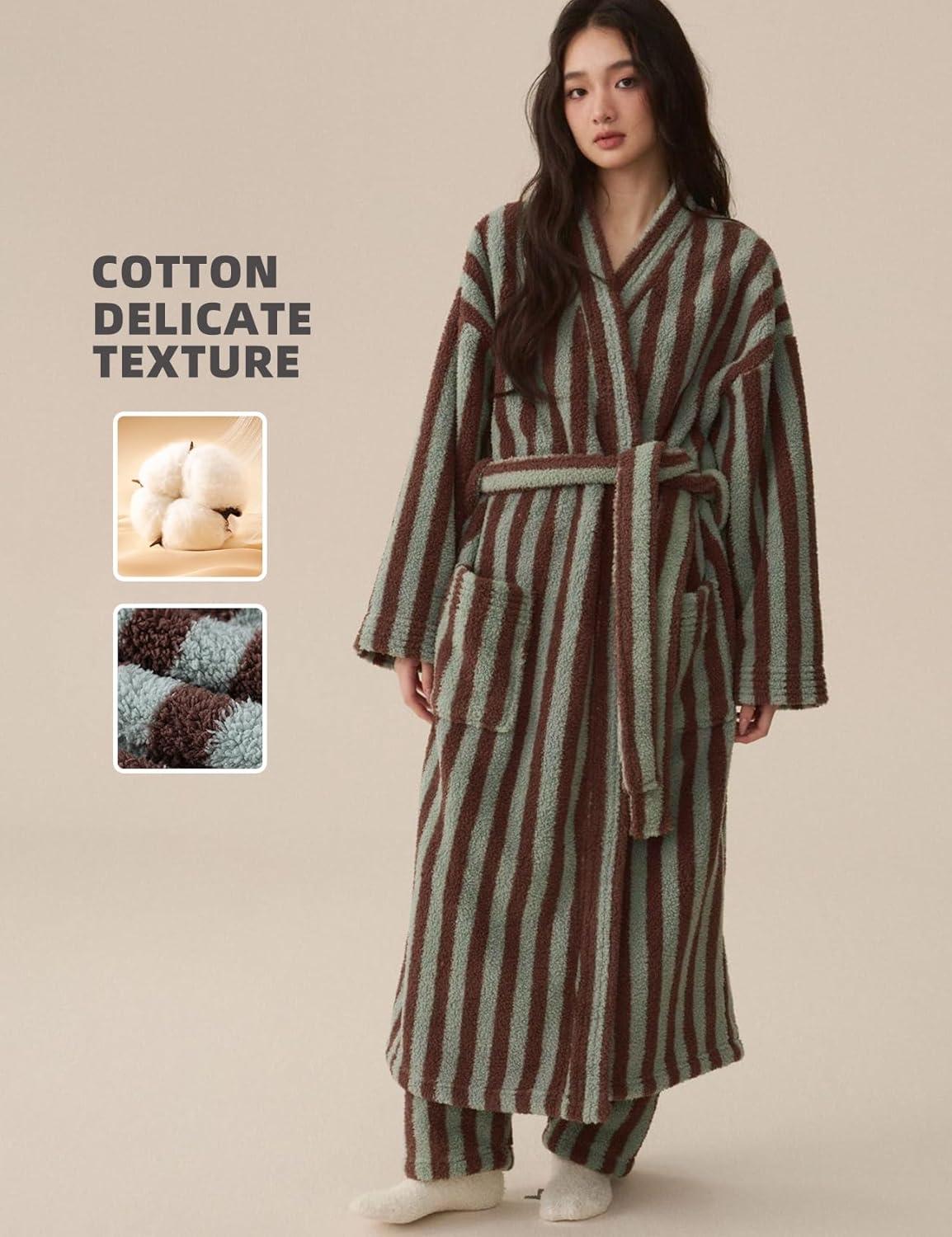 image:imageArssm Womens Striped Fluffy Robe Long Plush Bathrobes Fuzzy Warm Cozy Thick Loungewear Maxi RobeKhaki