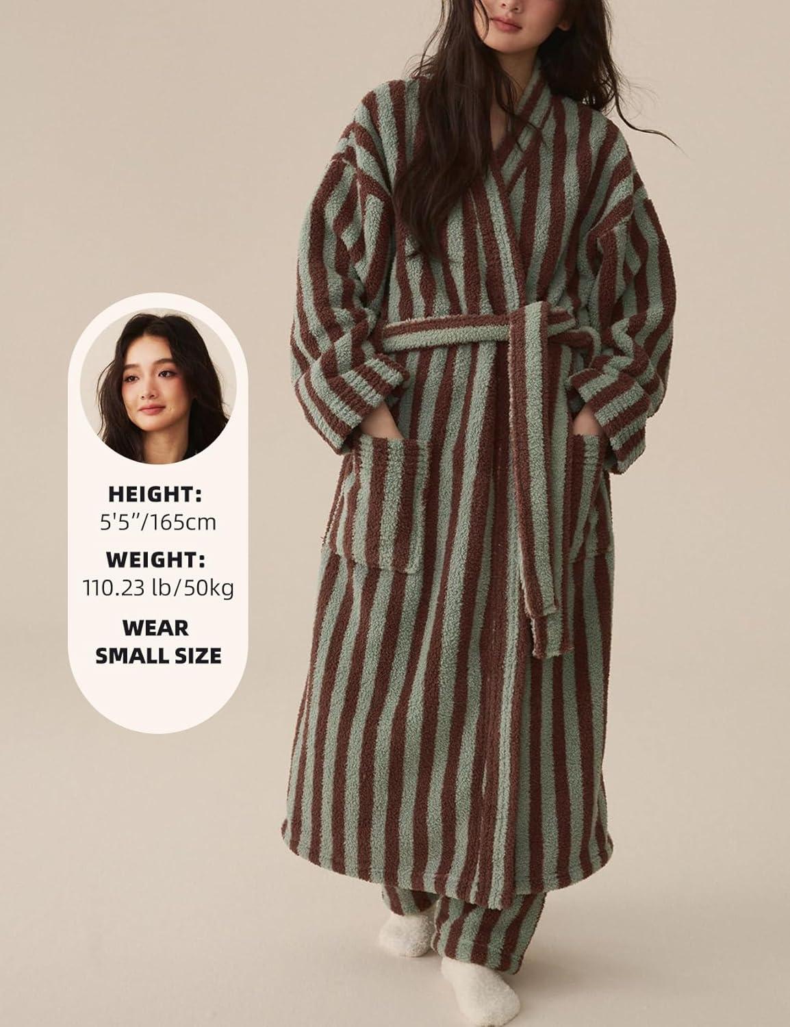 image:imageArssm Womens Striped Fluffy Robe Long Plush Bathrobes Fuzzy Warm Cozy Thick Loungewear Maxi RobeKhaki