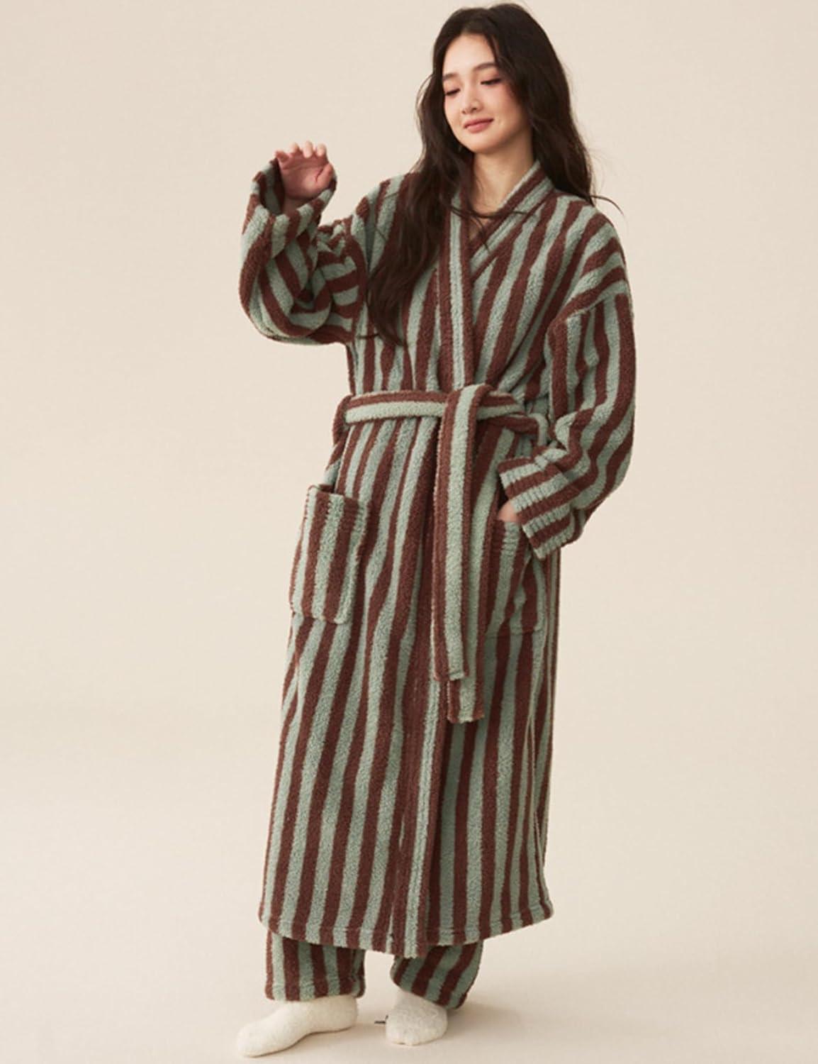 image:imageArssm Womens Striped Fluffy Robe Long Plush Bathrobes Fuzzy Warm Cozy Thick Loungewear Maxi RobeKhaki