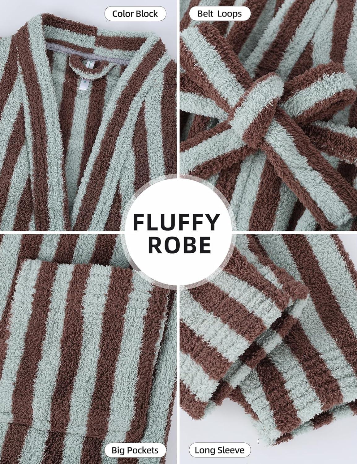 image:imageArssm Womens Striped Fluffy Robe Long Plush Bathrobes Fuzzy Warm Cozy Thick Loungewear Maxi RobeKhaki