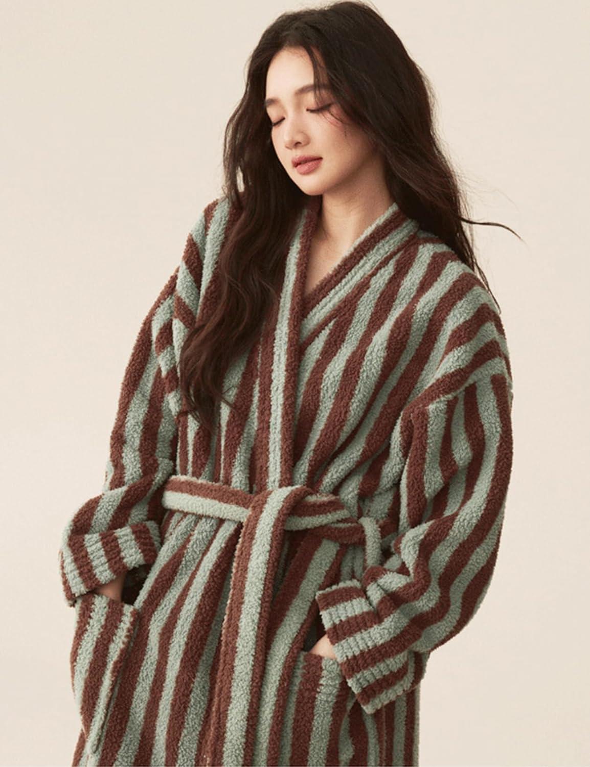 image:imageArssm Womens Striped Fluffy Robe Long Plush Bathrobes Fuzzy Warm Cozy Thick Loungewear Maxi RobeKhaki