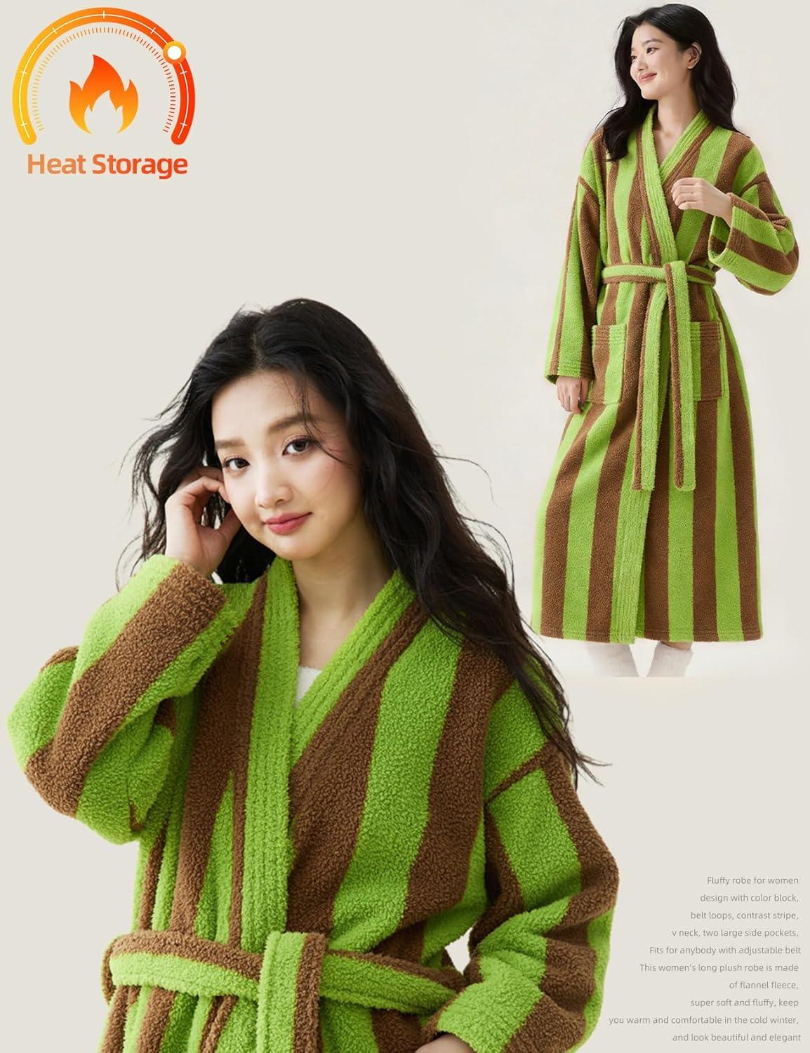image:imageArssm Womens Striped Fluffy Robe Long Plush Bathrobes Fuzzy Warm Cozy Thick Loungewear Maxi RobeLightgreen