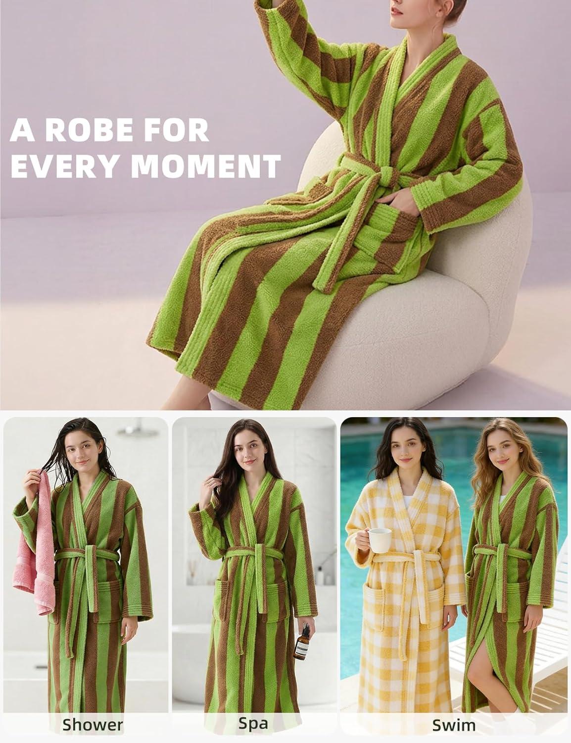 image:imageArssm Womens Striped Fluffy Robe Long Plush Bathrobes Fuzzy Warm Cozy Thick Loungewear Maxi RobeLightgreen