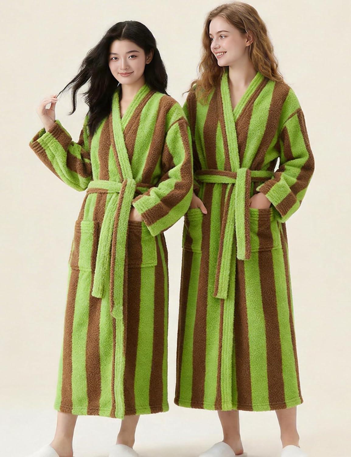 image:imageArssm Womens Striped Fluffy Robe Long Plush Bathrobes Fuzzy Warm Cozy Thick Loungewear Maxi RobeLightgreen