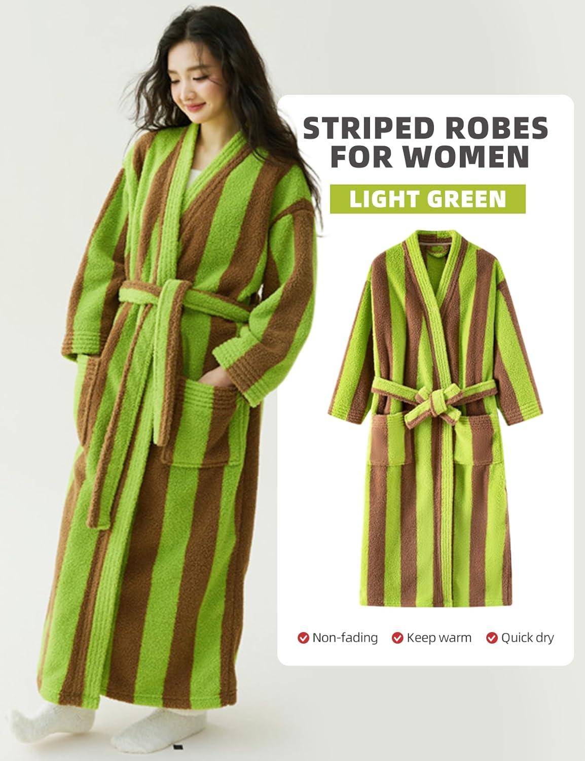 image:imageArssm Womens Striped Fluffy Robe Long Plush Bathrobes Fuzzy Warm Cozy Thick Loungewear Maxi RobeLightgreen
