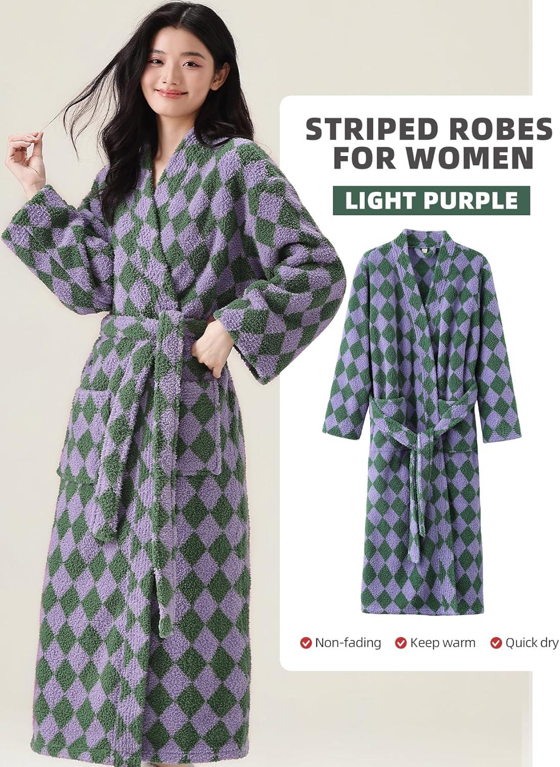 image:imageArssm Womens Striped Fluffy Robe Long Plush Bathrobes Fuzzy Warm Cozy Thick Loungewear Maxi RobeLightpurple