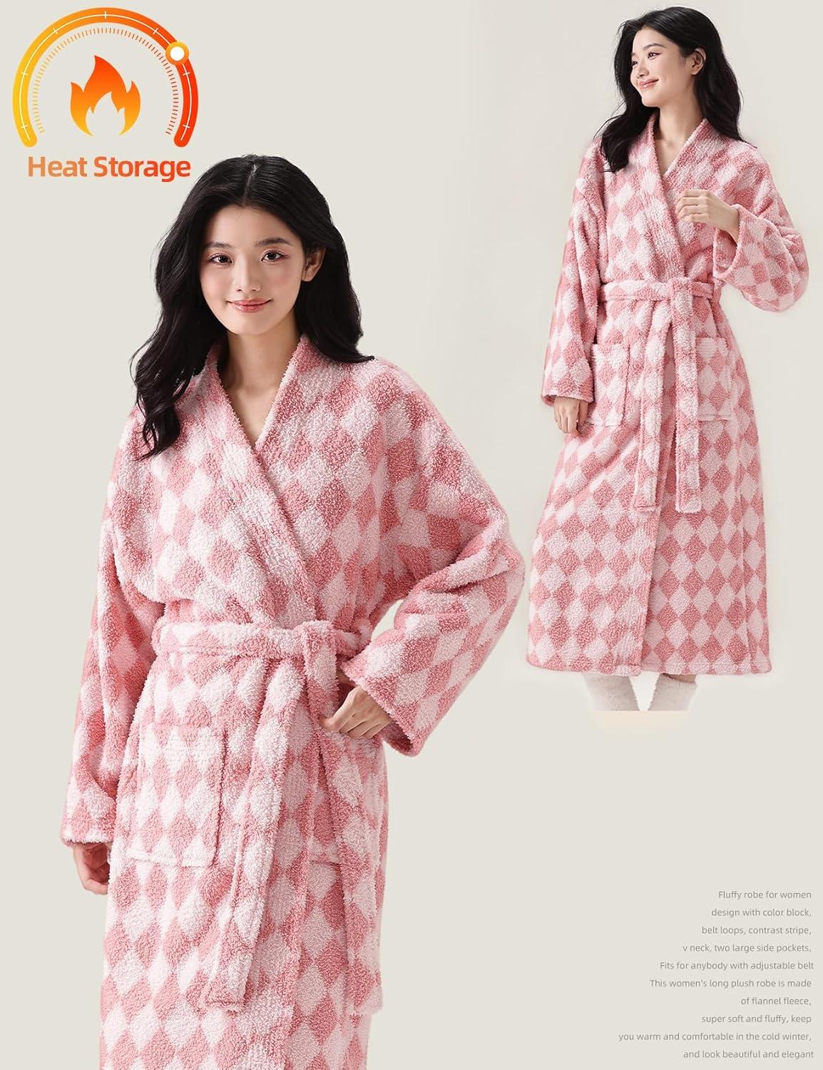 image:imageArssm Womens Striped Fluffy Robe Long Plush Bathrobes Fuzzy Warm Cozy Thick Loungewear Maxi RobePink