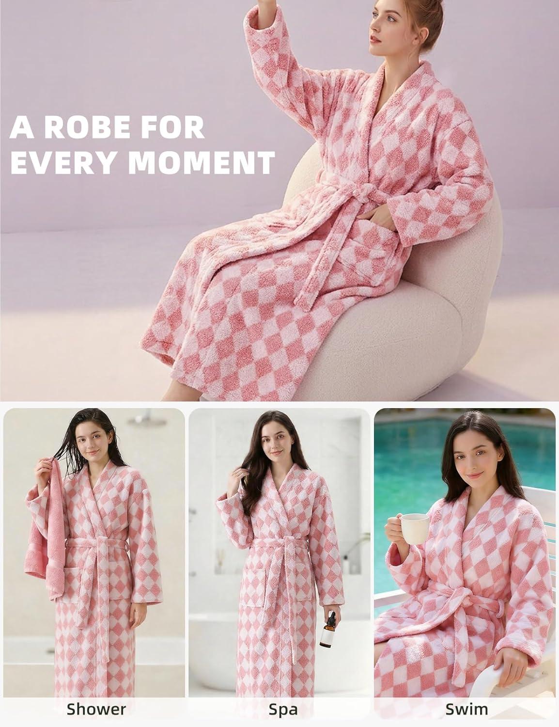 image:imageArssm Womens Striped Fluffy Robe Long Plush Bathrobes Fuzzy Warm Cozy Thick Loungewear Maxi RobePink