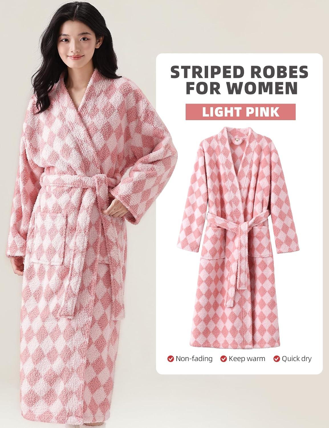 image:imageArssm Womens Striped Fluffy Robe Long Plush Bathrobes Fuzzy Warm Cozy Thick Loungewear Maxi RobePink