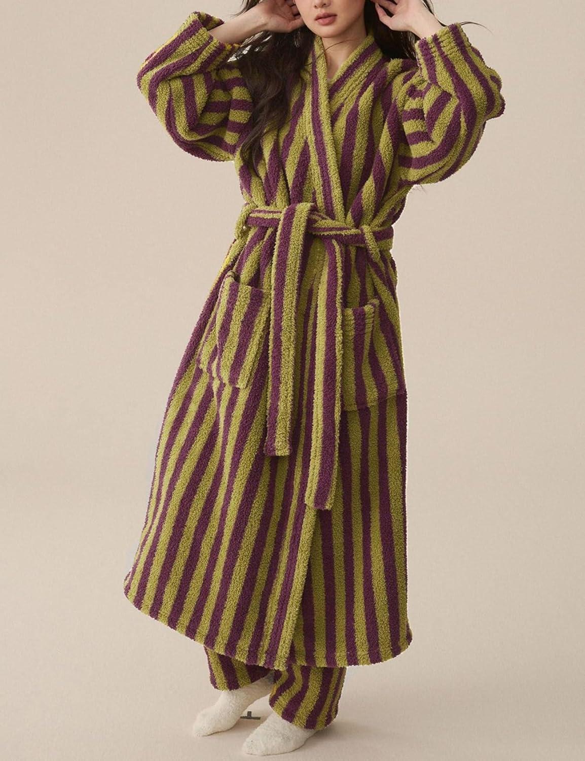 image:imageArssm Womens Striped Fluffy Robe Long Plush Bathrobes Fuzzy Warm Cozy Thick Loungewear Maxi RobePurple