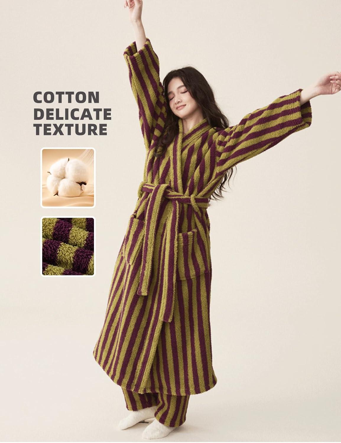 image:imageArssm Womens Striped Fluffy Robe Long Plush Bathrobes Fuzzy Warm Cozy Thick Loungewear Maxi RobePurple