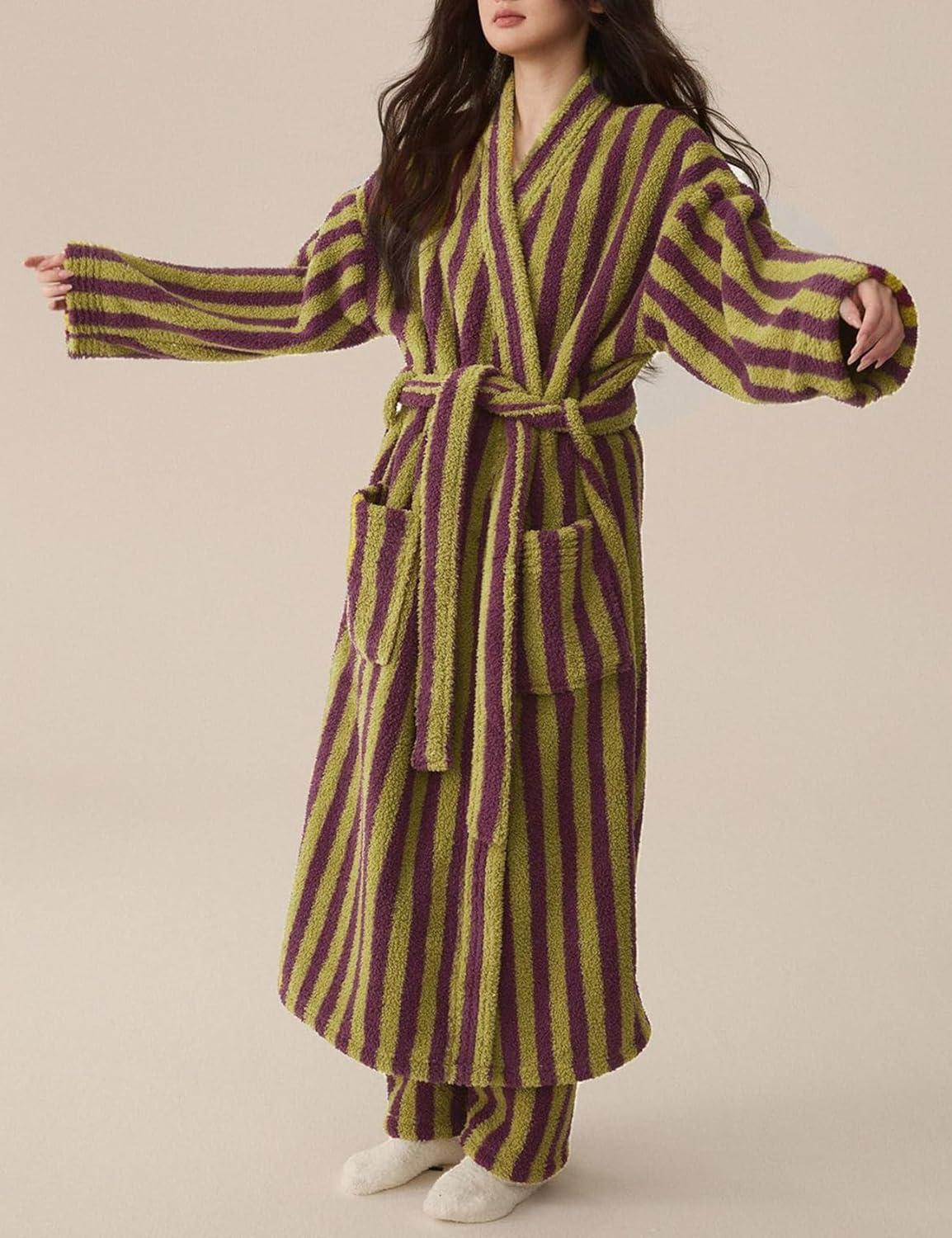 image:imageArssm Womens Striped Fluffy Robe Long Plush Bathrobes Fuzzy Warm Cozy Thick Loungewear Maxi RobePurple