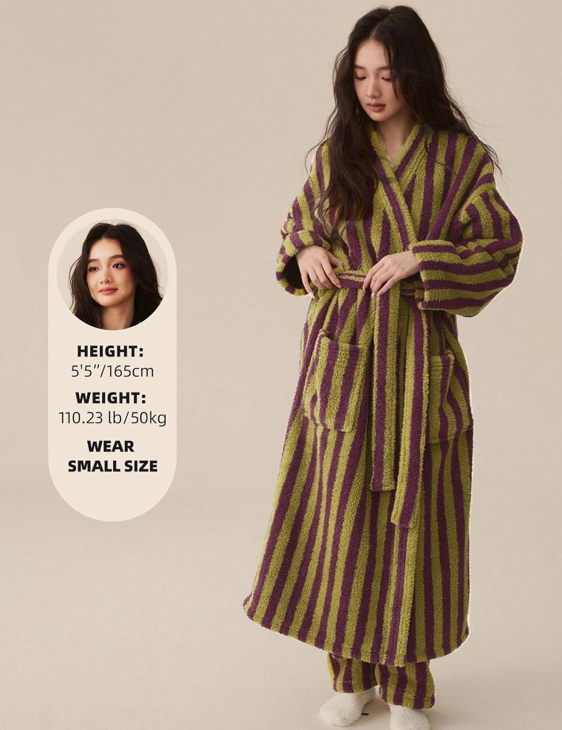 image:imageArssm Womens Striped Fluffy Robe Long Plush Bathrobes Fuzzy Warm Cozy Thick Loungewear Maxi RobePurple