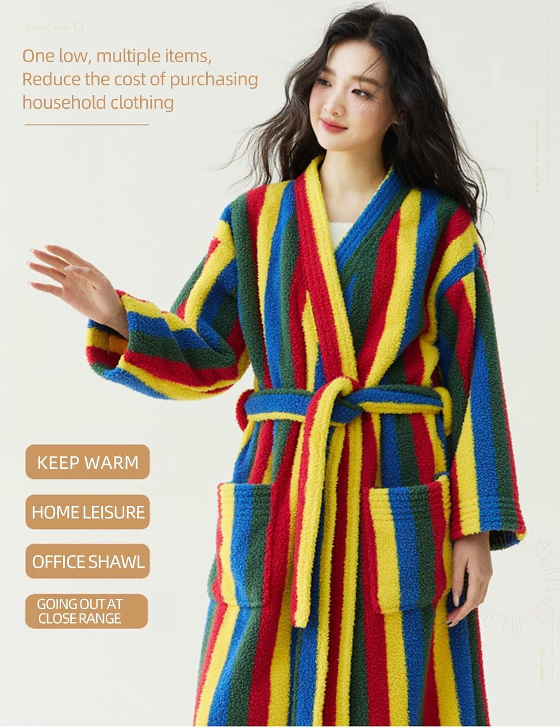 image:imageArssm Womens Striped Fluffy Robe Long Plush Bathrobes Fuzzy Warm Cozy Thick Loungewear Maxi RobeRainbow