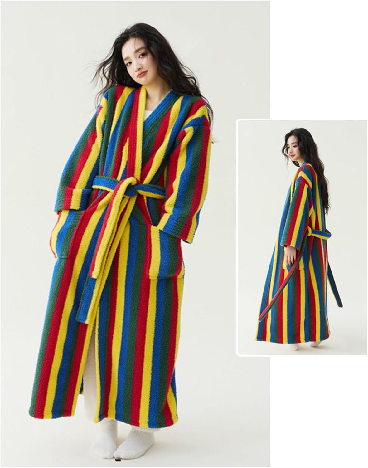 image:imageArssm Womens Striped Fluffy Robe Long Plush Bathrobes Fuzzy Warm Cozy Thick Loungewear Maxi RobeRainbow