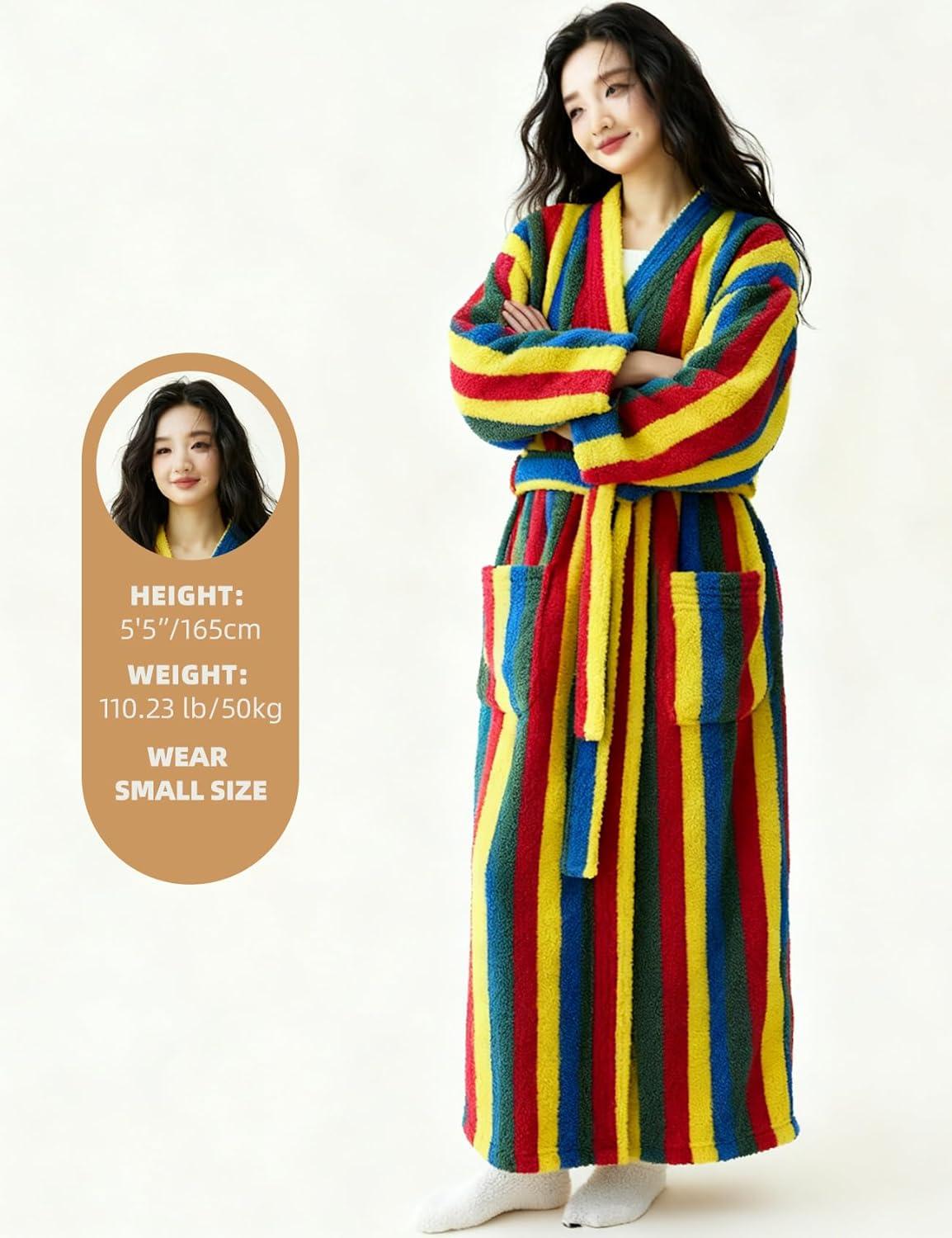 image:imageArssm Womens Striped Fluffy Robe Long Plush Bathrobes Fuzzy Warm Cozy Thick Loungewear Maxi RobeRainbow