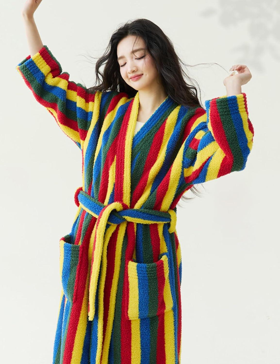 image:imageArssm Womens Striped Fluffy Robe Long Plush Bathrobes Fuzzy Warm Cozy Thick Loungewear Maxi RobeRainbow