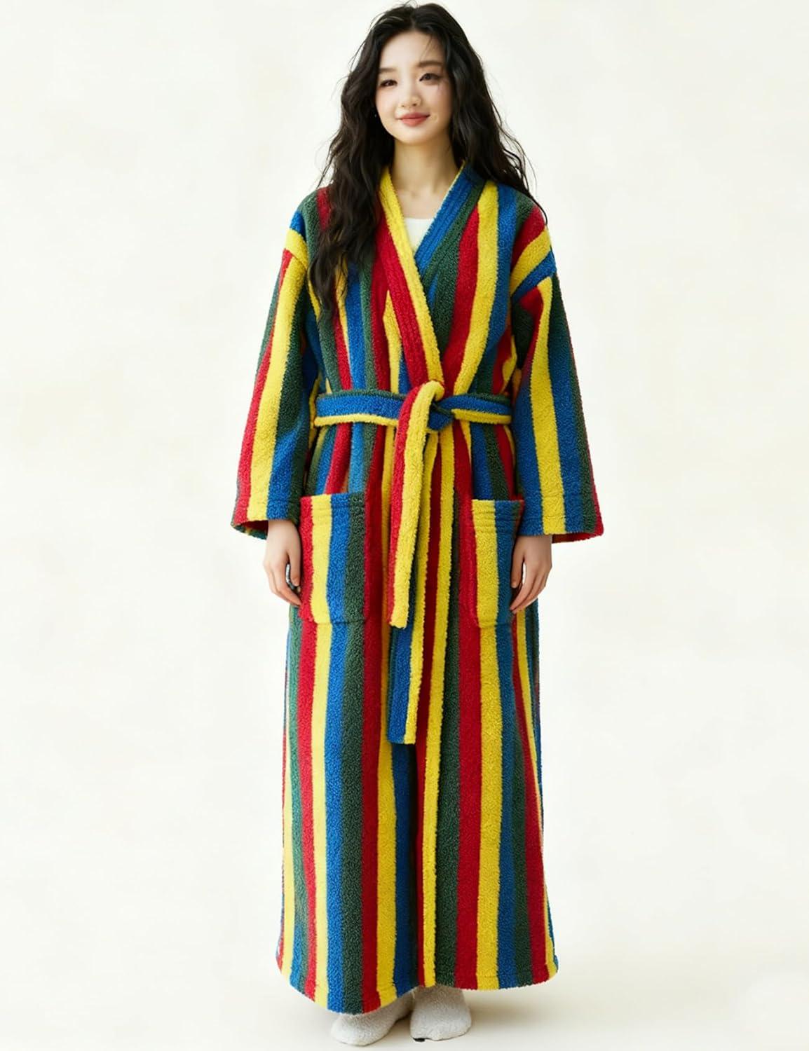 image:imageArssm Womens Striped Fluffy Robe Long Plush Bathrobes Fuzzy Warm Cozy Thick Loungewear Maxi RobeRainbow