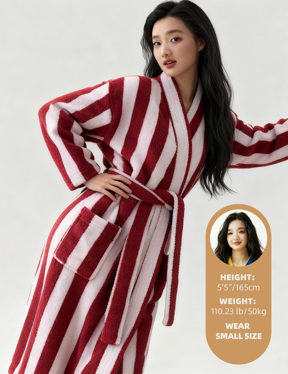 image:imageArssm Womens Striped Fluffy Robe Long Plush Bathrobes Fuzzy Warm Cozy Thick Loungewear Maxi RobeRed