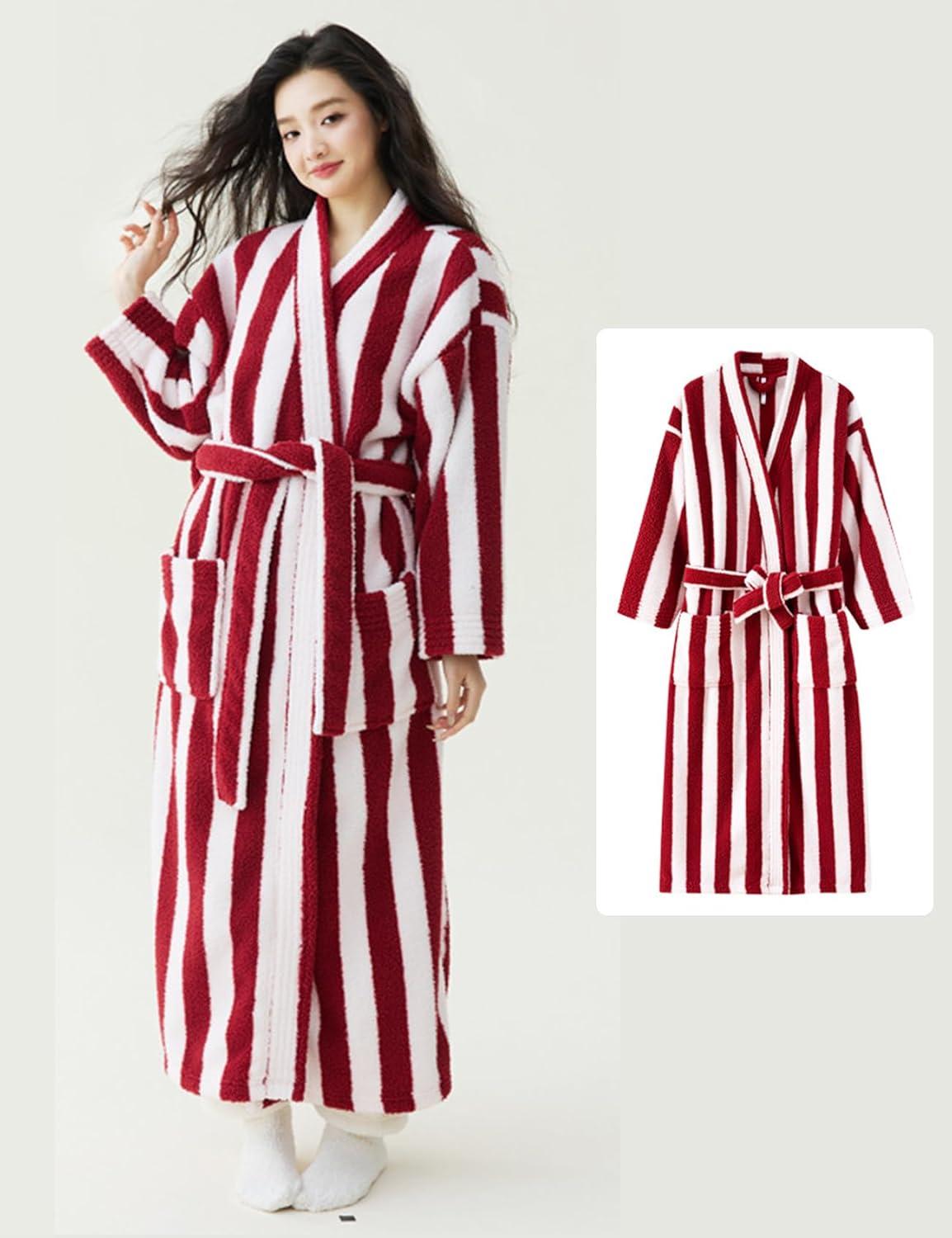 image:imageArssm Womens Striped Fluffy Robe Long Plush Bathrobes Fuzzy Warm Cozy Thick Loungewear Maxi RobeRed