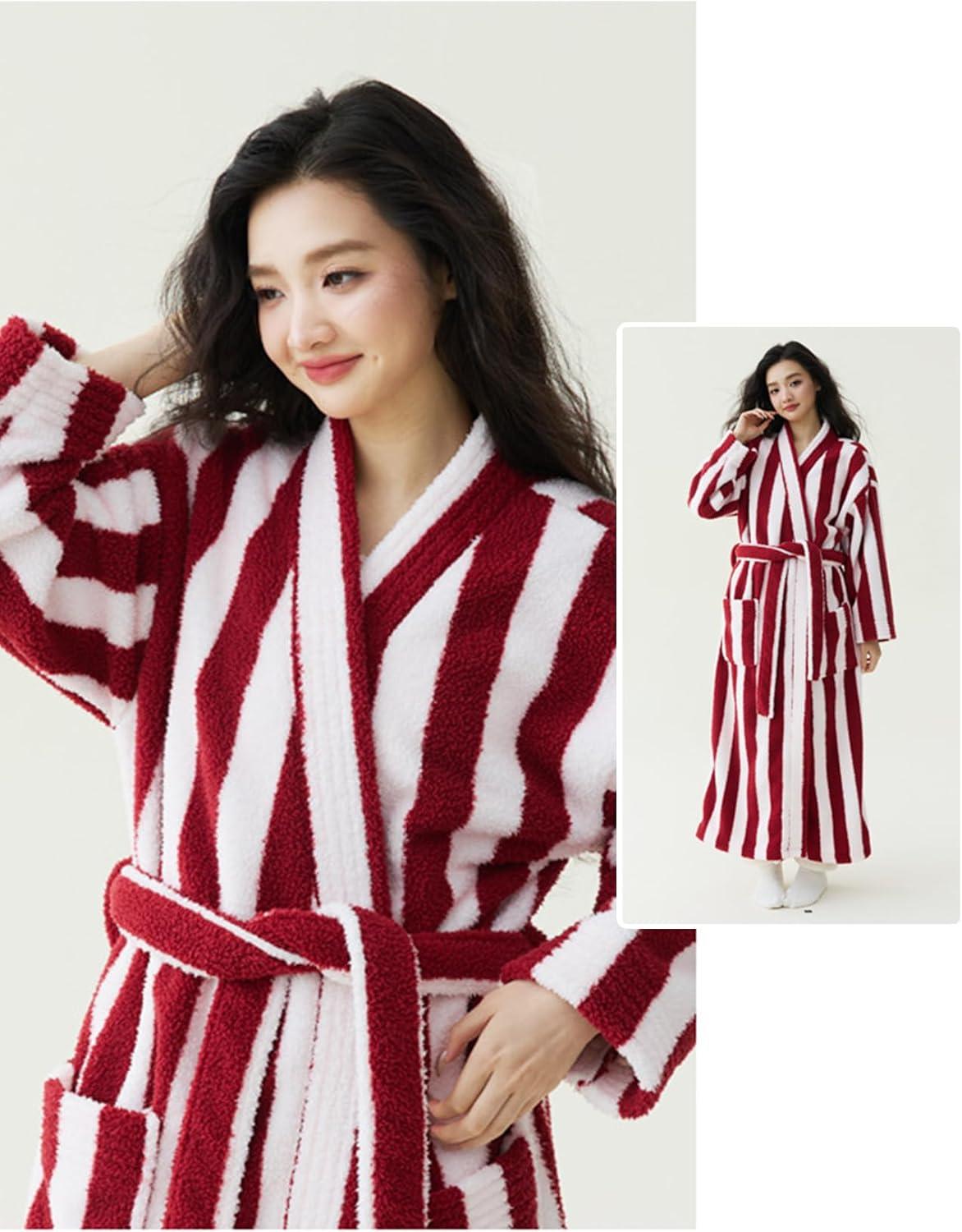 image:imageArssm Womens Striped Fluffy Robe Long Plush Bathrobes Fuzzy Warm Cozy Thick Loungewear Maxi RobeRed