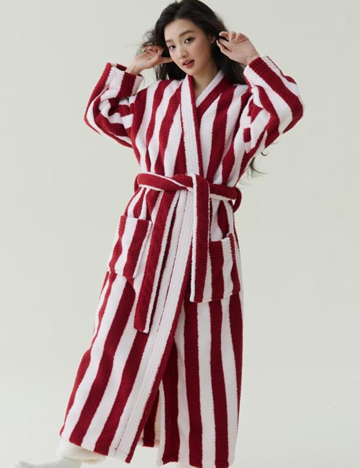 image:imageArssm Womens Striped Fluffy Robe Long Plush Bathrobes Fuzzy Warm Cozy Thick Loungewear Maxi RobeRed