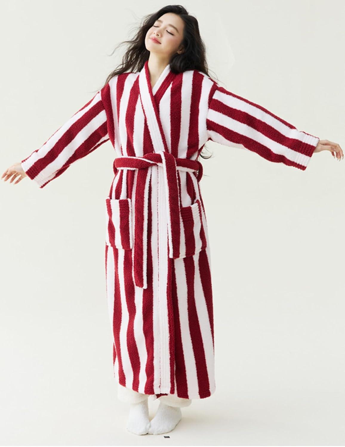 image:imageArssm Womens Striped Fluffy Robe Long Plush Bathrobes Fuzzy Warm Cozy Thick Loungewear Maxi RobeRed