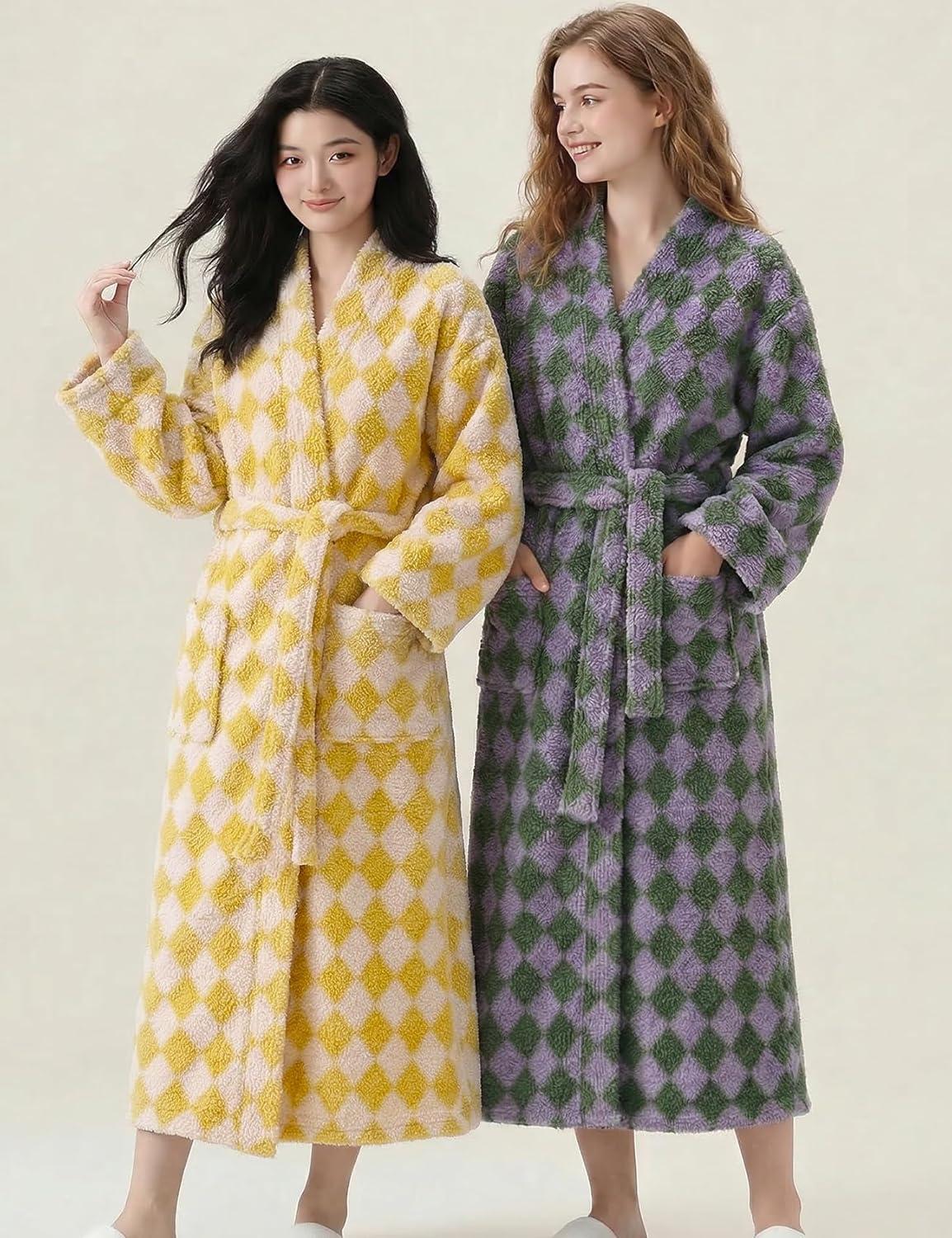 image:imageArssm Womens Striped Fluffy Robe Long Plush Bathrobes Fuzzy Warm Cozy Thick Loungewear Maxi RobeYellow