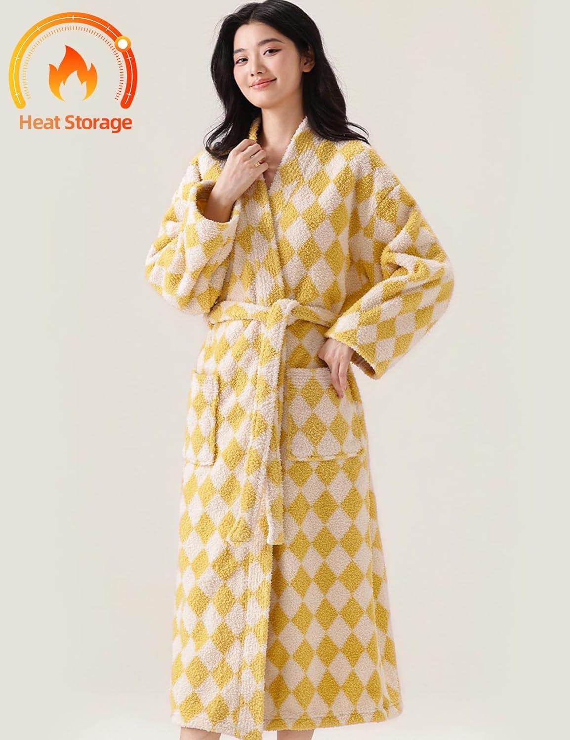 image:imageArssm Womens Striped Fluffy Robe Long Plush Bathrobes Fuzzy Warm Cozy Thick Loungewear Maxi RobeYellow
