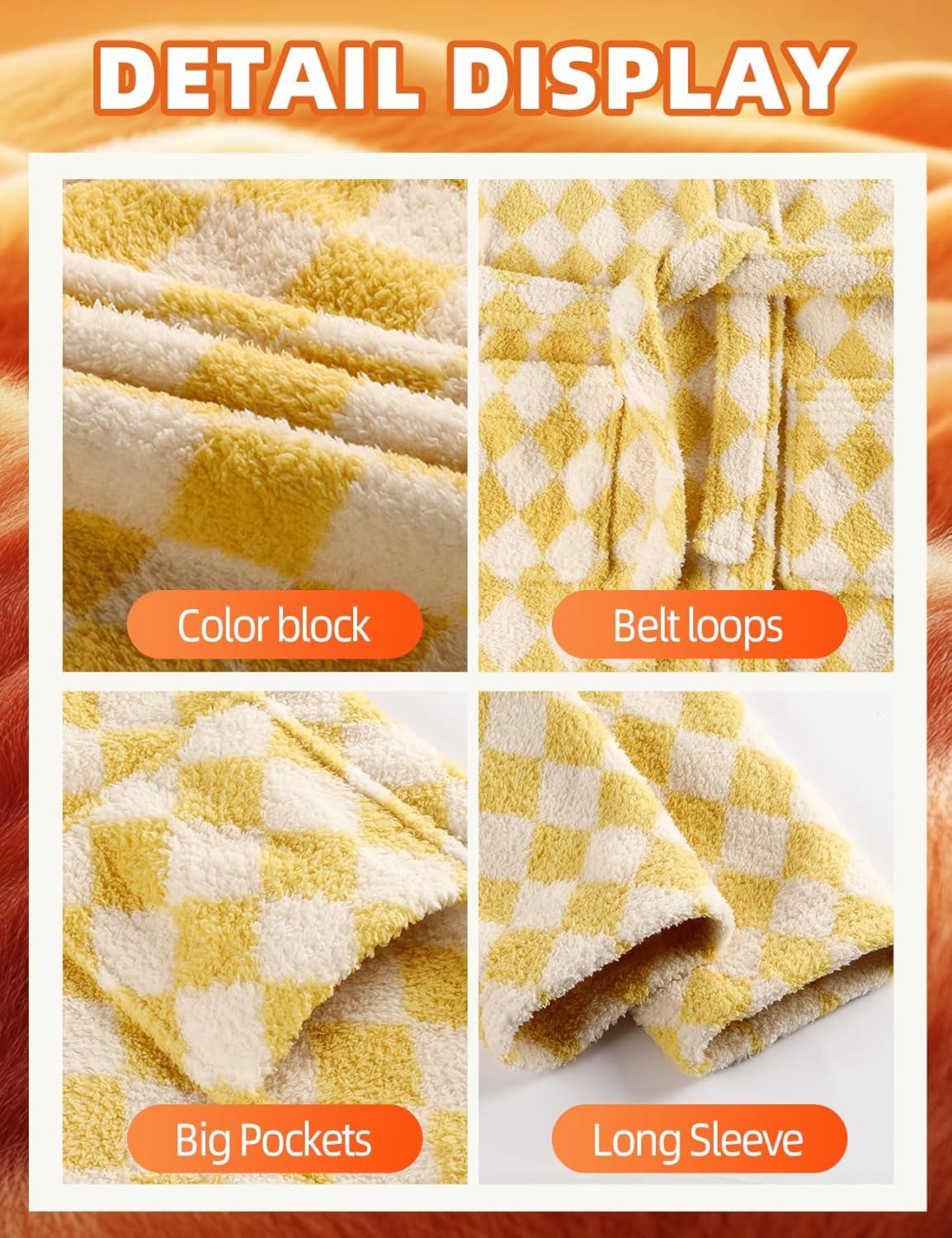 image:imageArssm Womens Striped Fluffy Robe Long Plush Bathrobes Fuzzy Warm Cozy Thick Loungewear Maxi RobeYellow