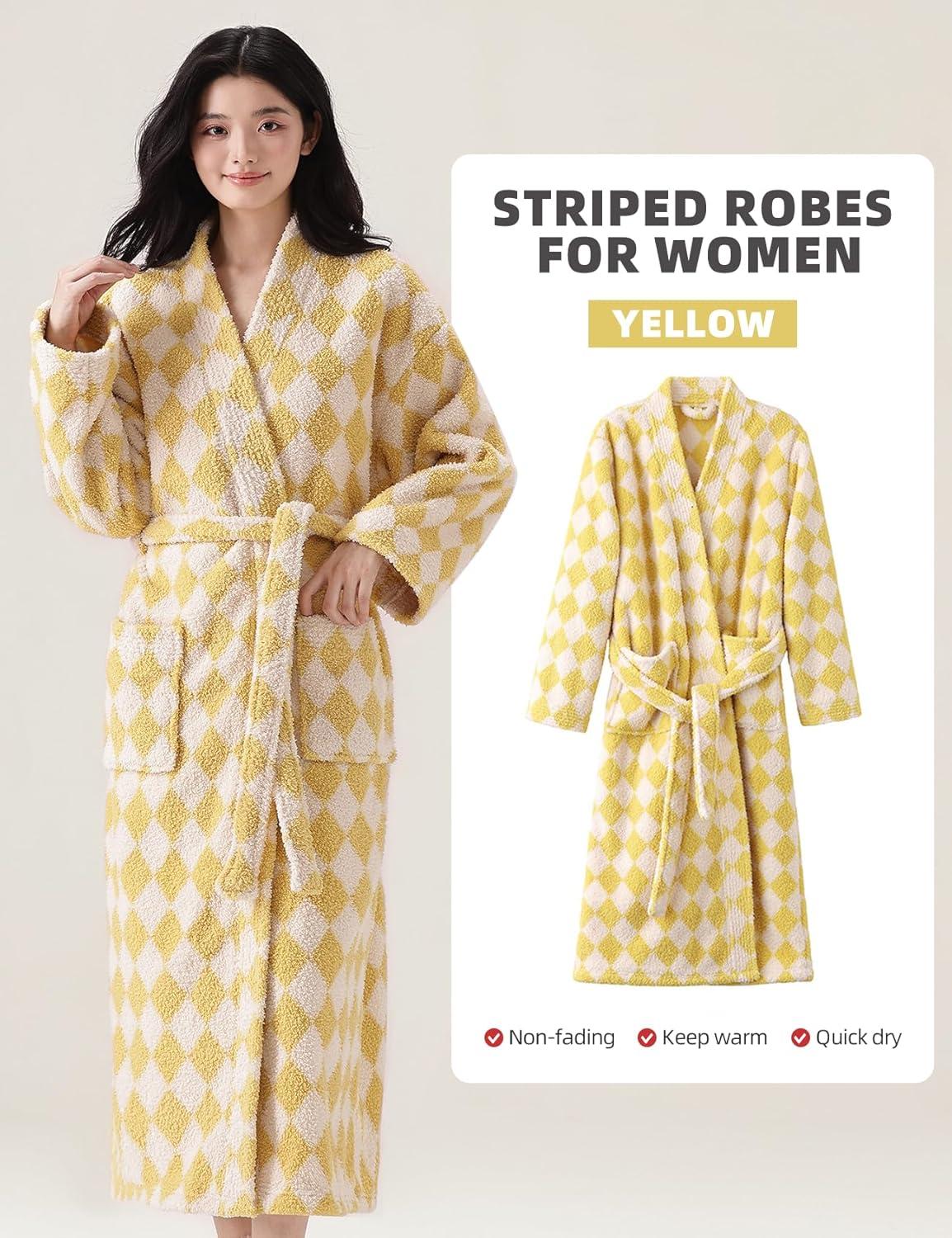 image:imageArssm Womens Striped Fluffy Robe Long Plush Bathrobes Fuzzy Warm Cozy Thick Loungewear Maxi RobeYellow