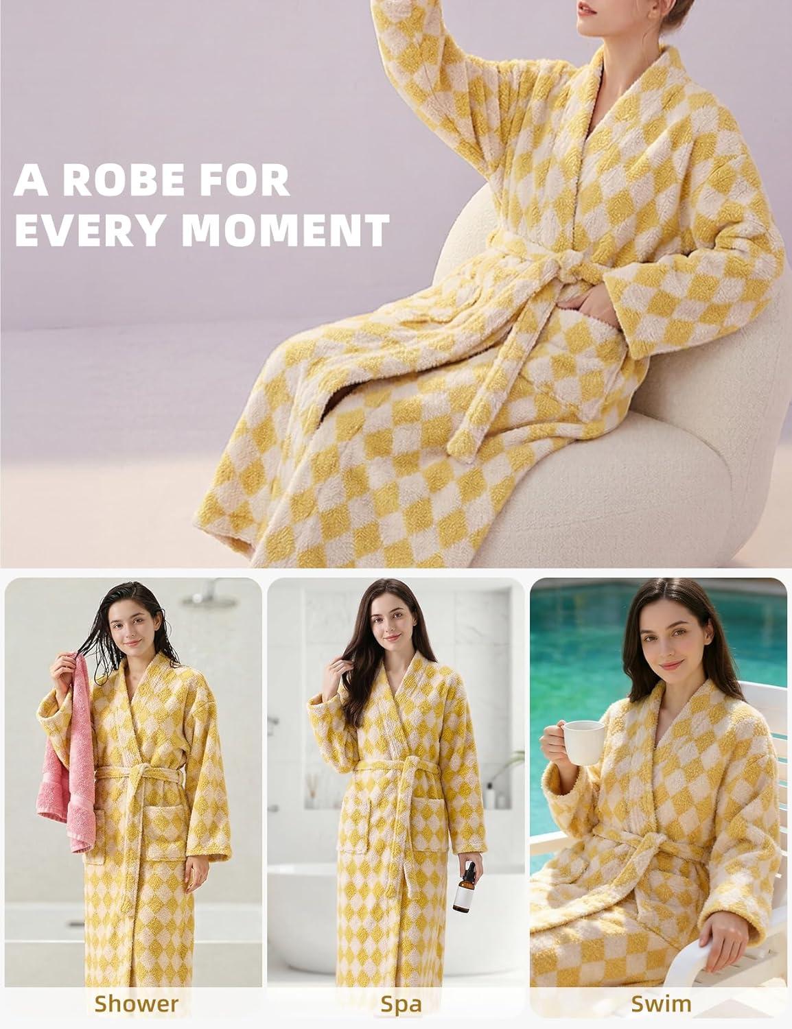 image:imageArssm Womens Striped Fluffy Robe Long Plush Bathrobes Fuzzy Warm Cozy Thick Loungewear Maxi RobeYellow