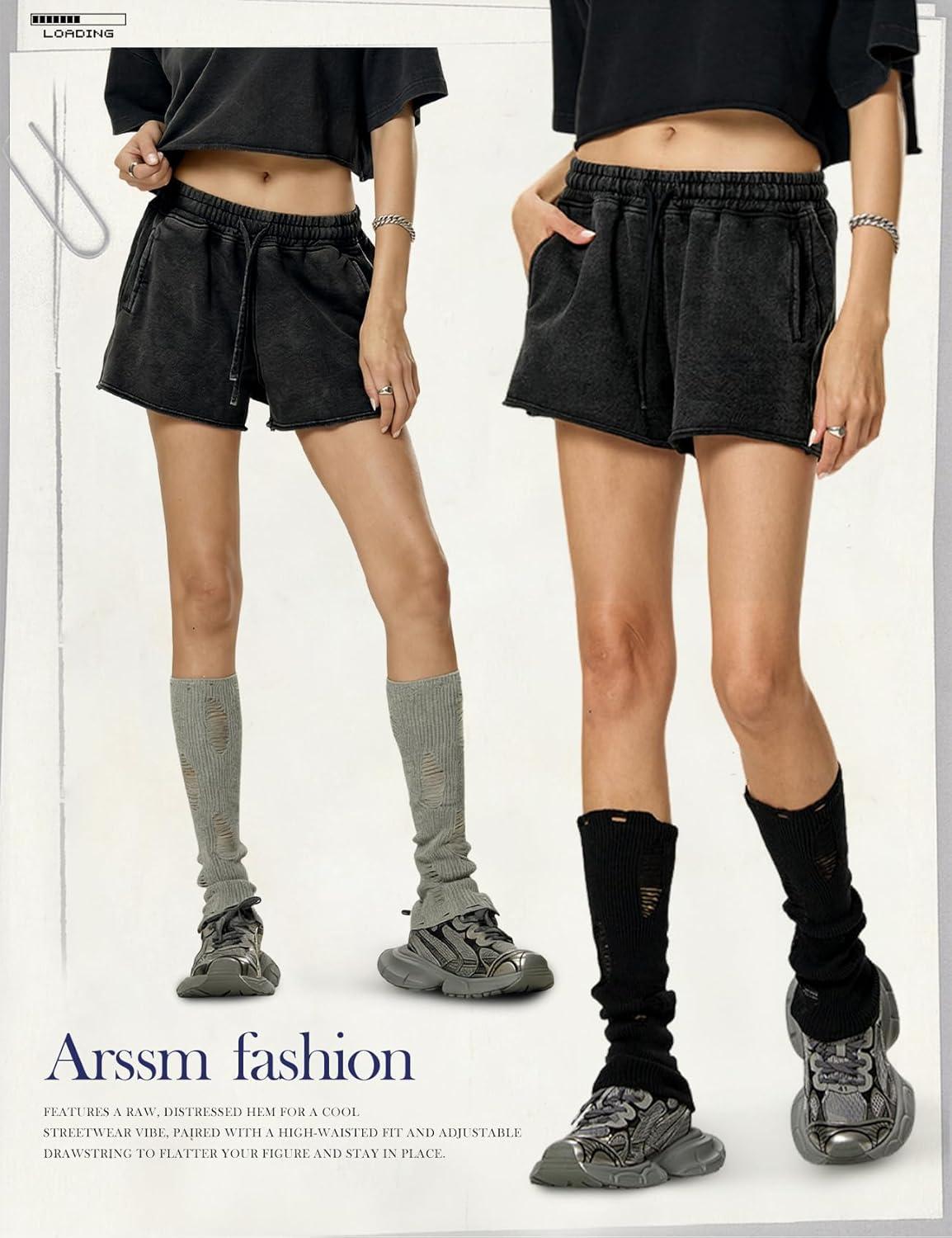 image:imageArssm Womens Sweat Shorts Acid Wash Athletic Shorts Cotton Drawstring High Waist Workout Summer ShortsBlack