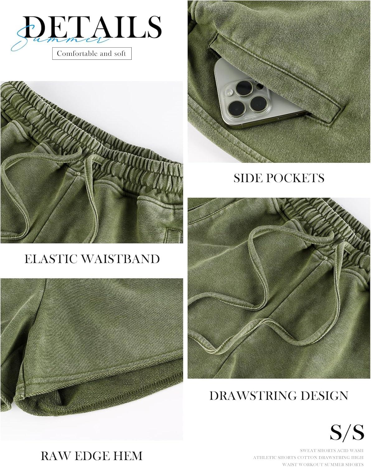 image:imageArssm Womens Sweat Shorts Acid Wash Athletic Shorts Cotton Drawstring High Waist Workout Summer ShortsBlackarmy