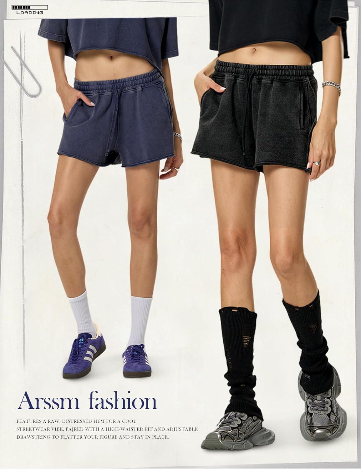 image:imageArssm Womens Sweat Shorts Acid Wash Athletic Shorts Cotton Drawstring High Waist Workout Summer ShortsBlacknavy
