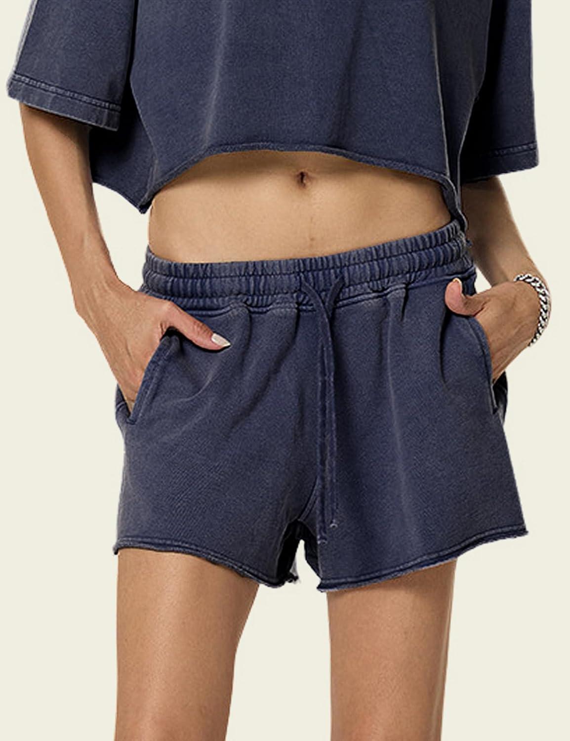 image:imageArssm Womens Sweat Shorts Acid Wash Athletic Shorts Cotton Drawstring High Waist Workout Summer ShortsBlacknavy